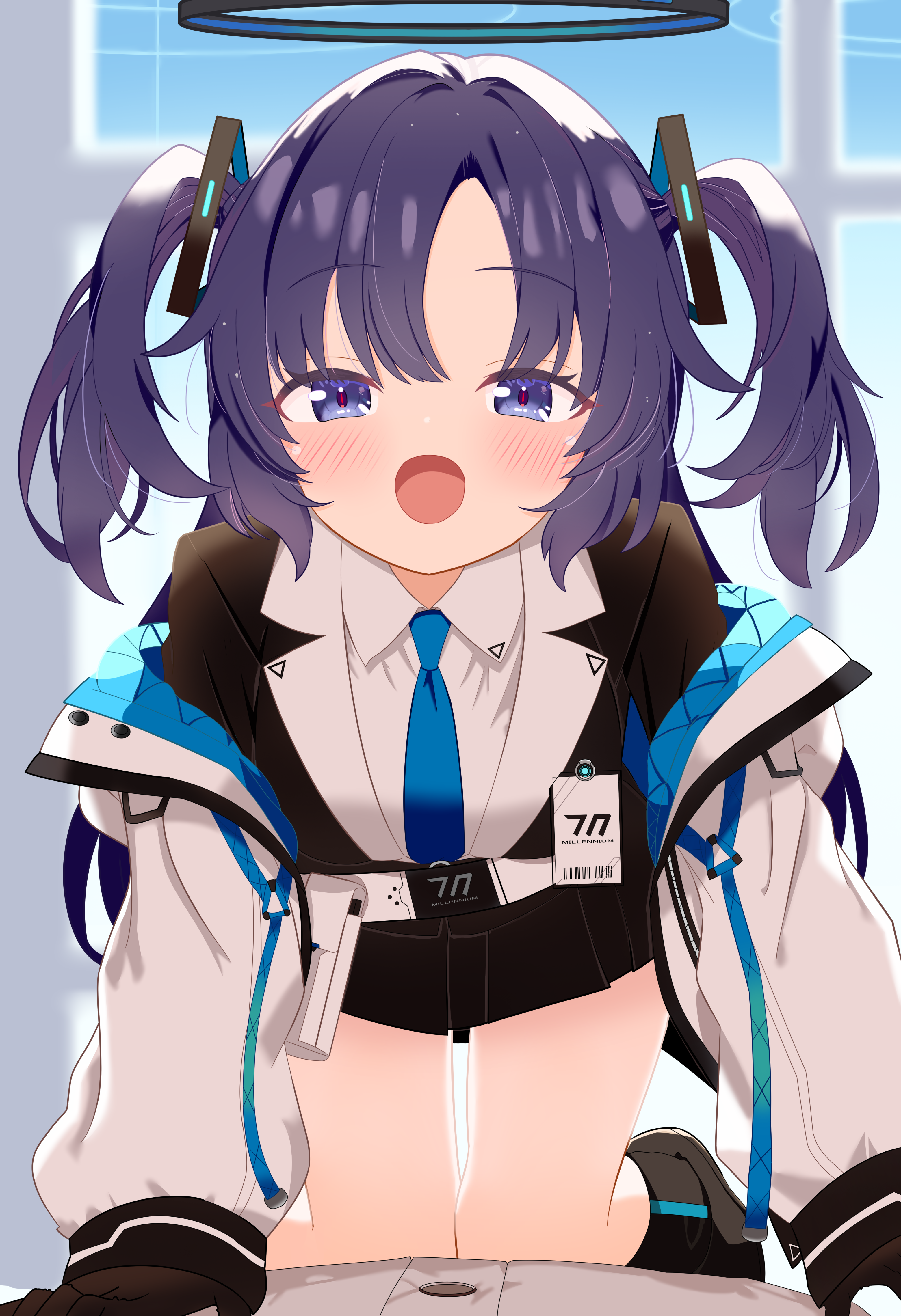 masushi masashi, yuuka (blue archive), blue archive, absurdres, commentary request, highres, 1girl, all fours, black skirt, blue eyes, blue hair, blue necktie, blush, breasts, collared shirt, halo, indoors, jacket, jacket partially removed, long sleeves, looking at viewer, mechanical halo, medium breasts, necktie, open mouth, pov, shirt, skirt, smile, solo focus, two side up, white jacket, white shirt