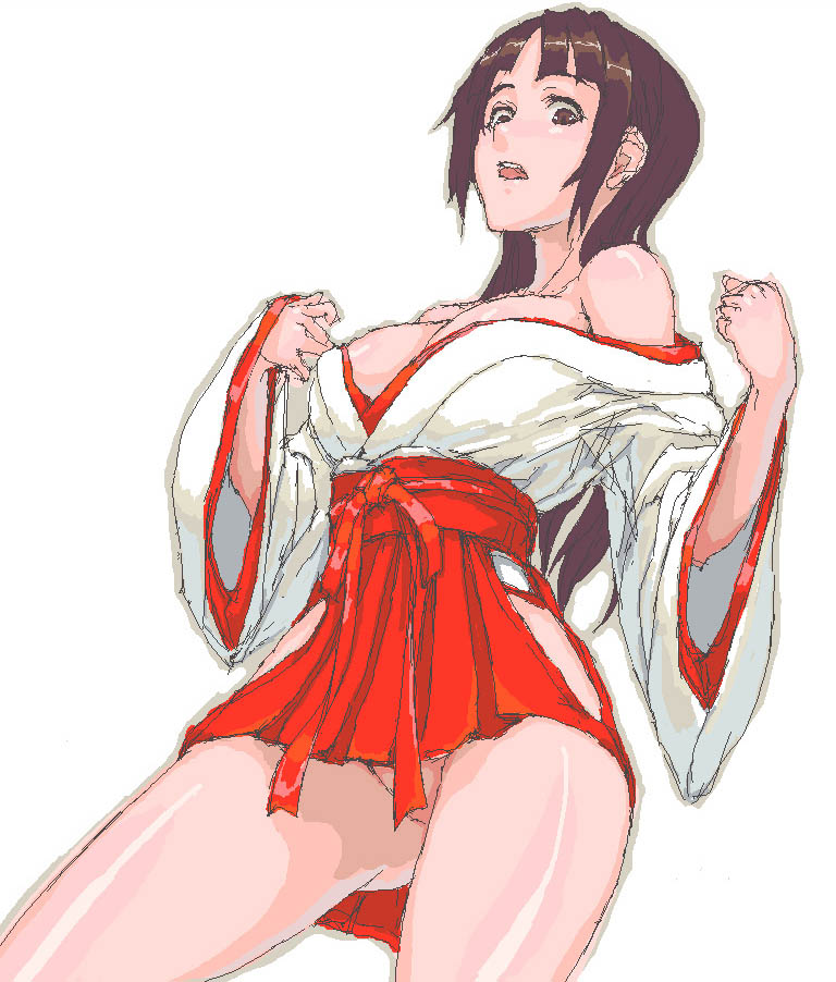 sasagawa (haikaiki), original, 1girl, bare shoulders, breasts, brown eyes, brown hair, censored, cleavage, convenient censoring, female focus, hakama, hakama short skirt, hakama skirt, japanese clothes, kimono, long hair, miko, no panties, off shoulder, open mouth, short hair, sketch, skirt, solo, wide sleeves