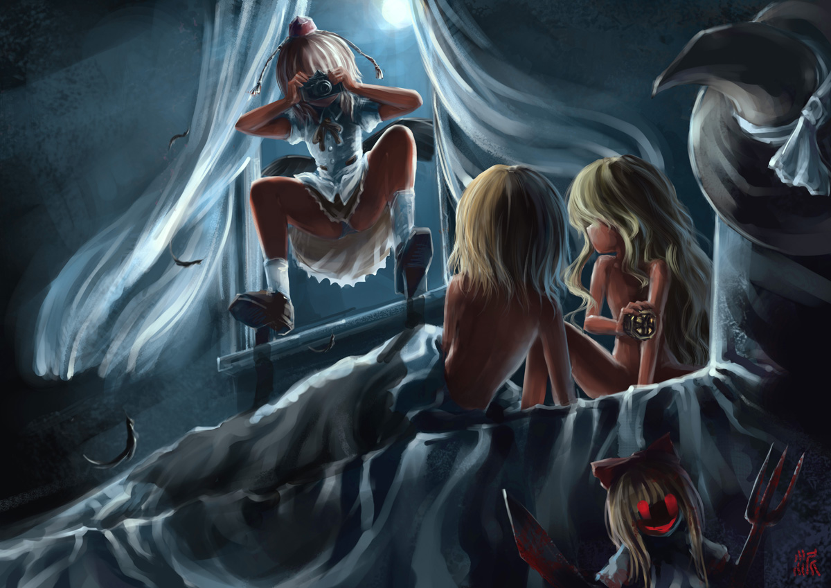 ni piao xiancai, alice margatroid, kirisame marisa, shameimaru aya, shanghai doll, touhou, bad id, bad pixiv id, 3girls, back, bare back, bed, bed sheet, blanket, blonde hair, camera, completely nude, curtains, feathers, female focus, geta, glowing, glowing eyes, hat, master spark, mini-hakkero, moon, multiple girls, naked sheet, night, nude, panties, photographic proof, tengu-geta, underwear, white panties, window, witch hat, yuri