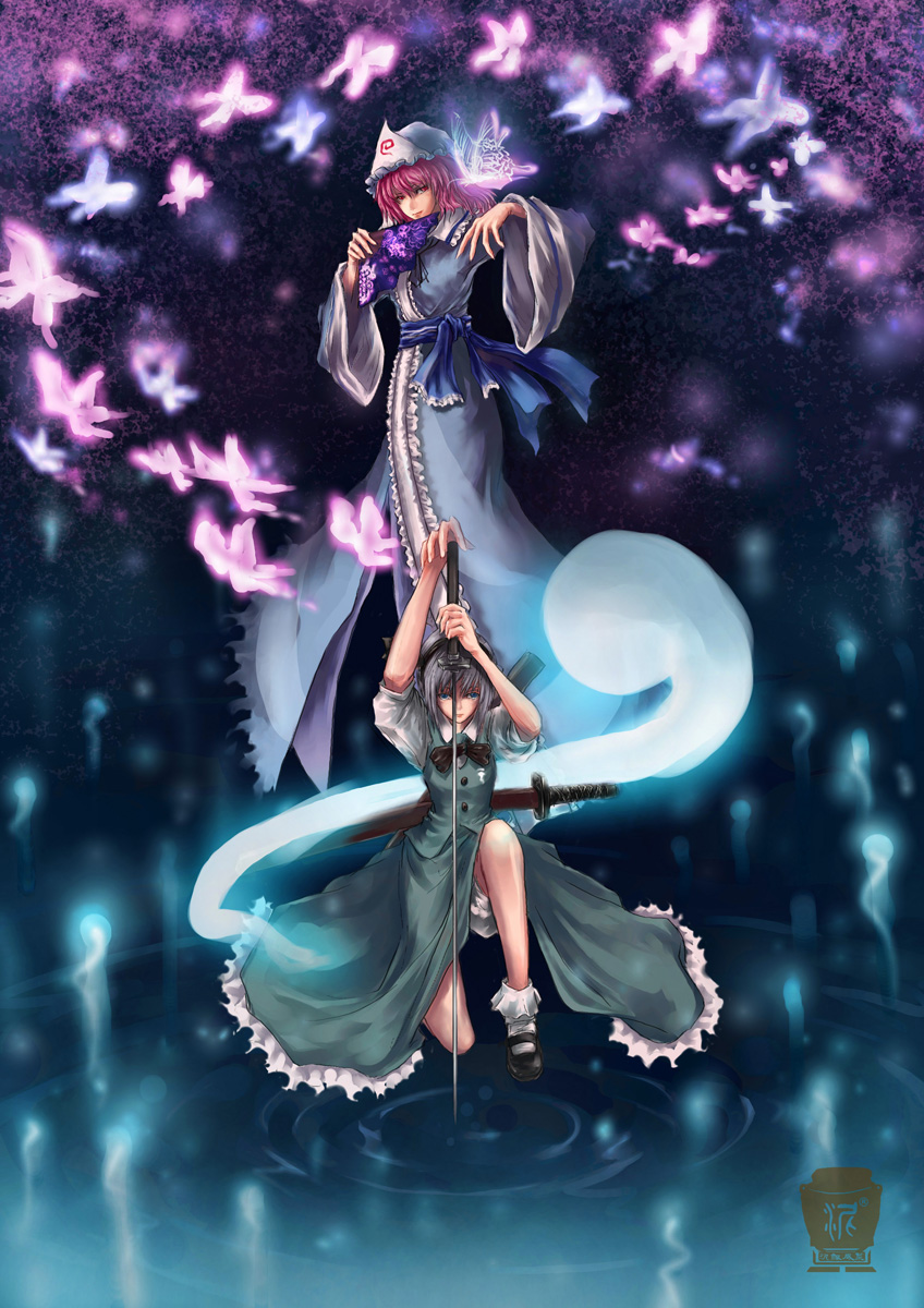 ni piao xiancai, konpaku youmu, konpaku youmu (ghost), saigyouji yuyuko, touhou, bad id, bad pixiv id, highres, 2girls, bug, butterfly, danmaku, female focus, floating, folding fan, hand fan, hitodama, katana, multiple girls, ripples, sword, weapon