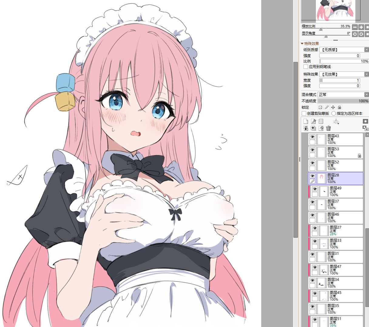 minusk9, gotoh hitori, bocchi the rock!, commentary, 1girl, art program in frame, black bow, black bowtie, blush, bow, bowtie, breasts, cleavage, covered erect nipples, cube hair ornament, grabbing own breast, hair between eyes, hair ornament, large breasts, long hair, maid, one side up, open mouth, pink hair, short sleeves, simple background, white background