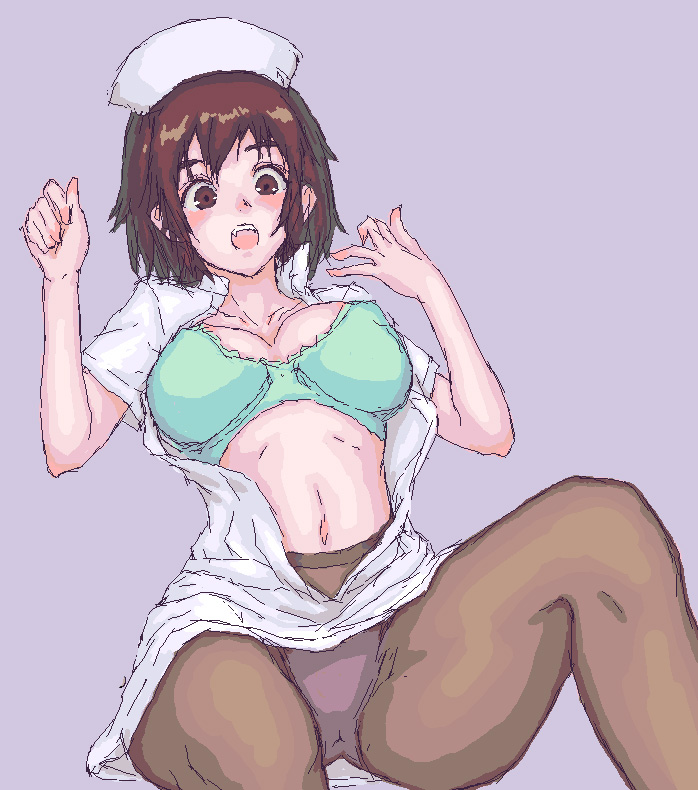 sasagawa (haikaiki), bad id, bad pixiv id, 1girl, bra, brown eyes, brown hair, female focus, hat, lingerie, nurse, nurse cap, open clothes, open shirt, panties, panties under pantyhose, pantyhose, shirt, short hair, solo, underwear