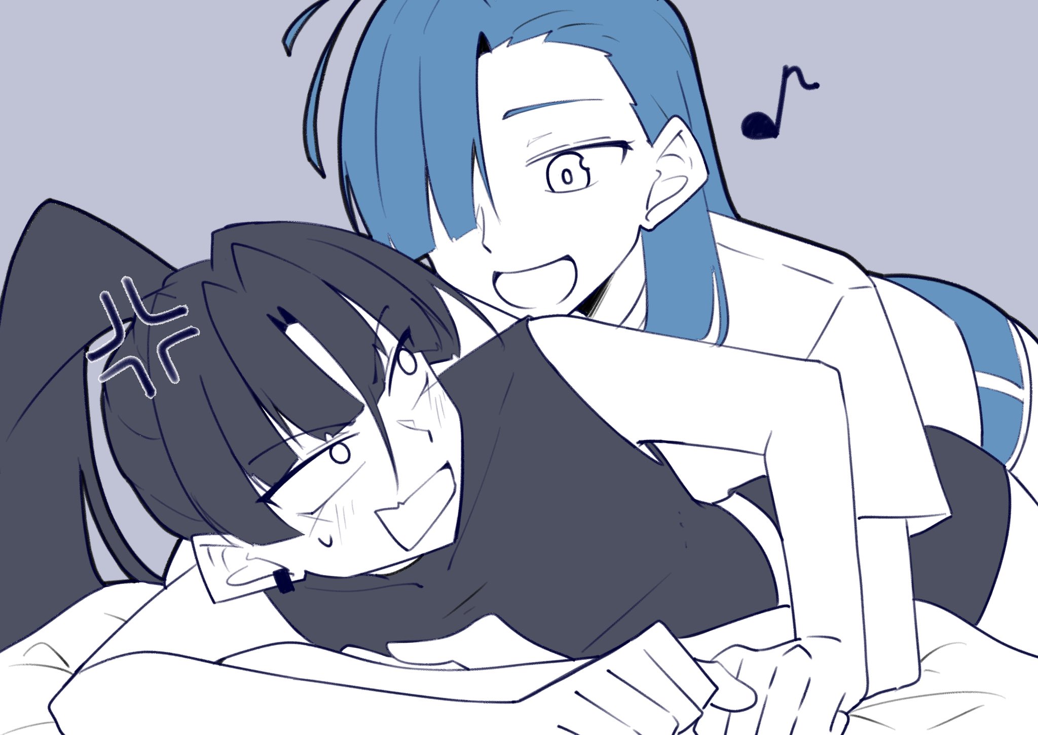 nori (norinori yrl), merry (ado), naima (ado), ado (utaite), readymade (ado), usseewa, commentary request, highres, 2girls, ahoge, anger vein, black hair, black shirt, black shorts, blue shorts, grey background, hair ornament, hair over one eye, hairclip, long hair, multiple girls, ponytail, shirt, shorts, simple background, white shirt, yuri