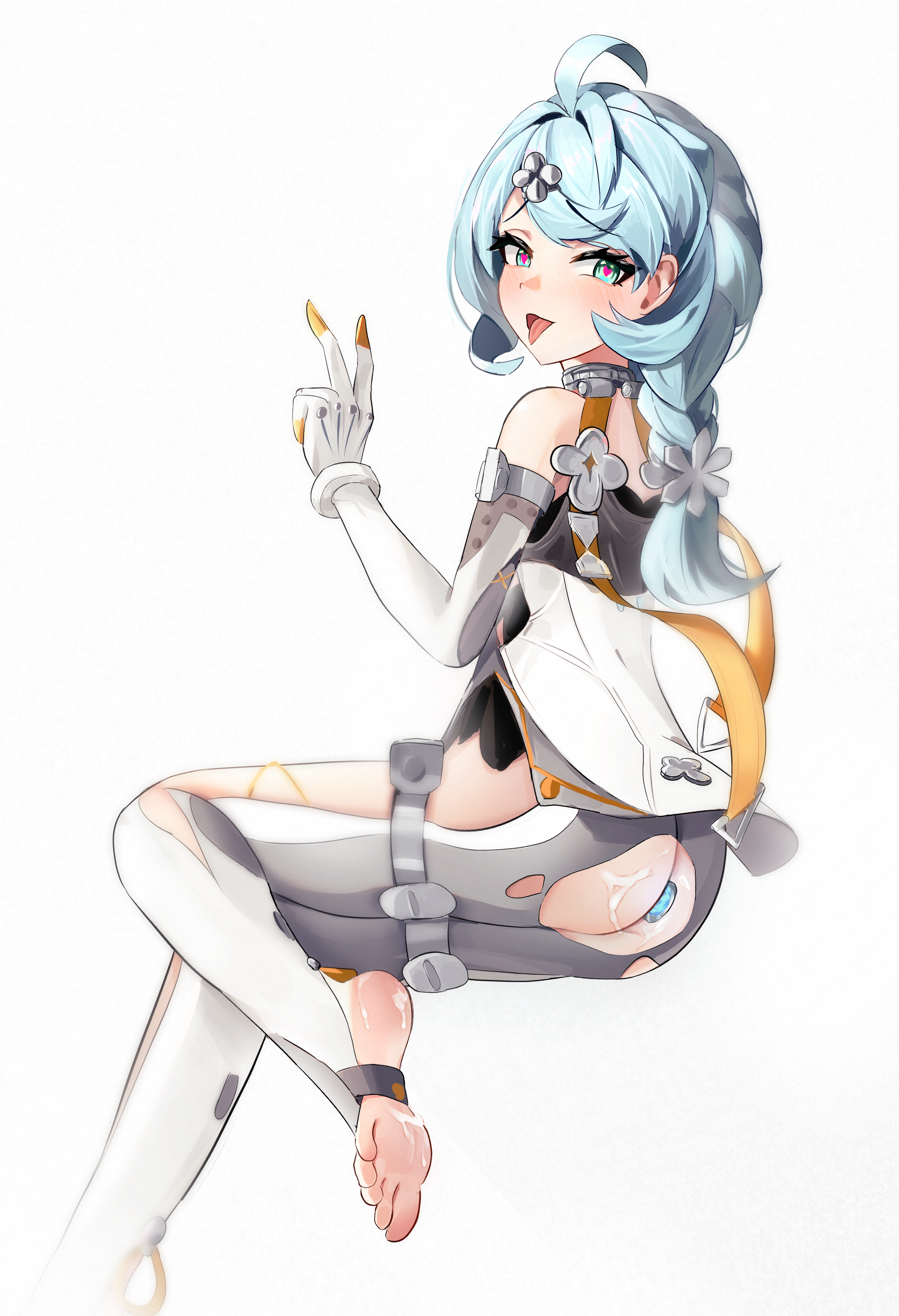 chen kang, seed (zenless zone zero), zenless zone zero, toeless socks, absurdres, highres, 1girl, ass, barefoot, black shirt, blue eyes, blue hair, butt plug, clothing cutout, cum, cum on ass, cum on body, cum on feet, flower ornament, foot blush, formal clothes, gloves, hair ornament, hairpin, looking at viewer, red pupils, see-through dress layer, sex toy, shirt, side cutout, sitting, solo, suit, thigh cutout, toeless legwear, tongue, tongue out, v, white background, white gloves, white suit