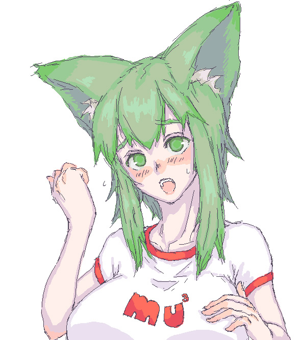 sasagawa (haikaiki), bad id, bad pixiv id, animal ears, blush, breasts, green eyes, green hair, huge breasts, large breasts, shirt, solo