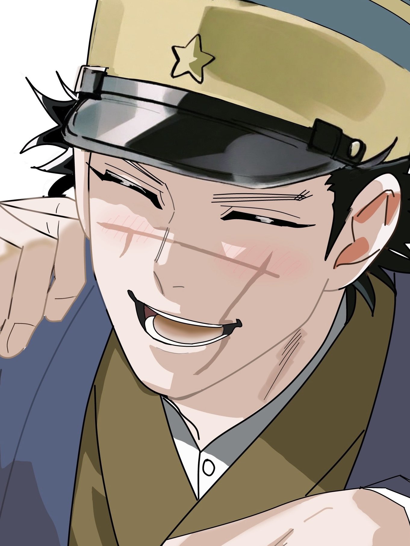 sugimoto saichi, golden kamuy, commentary request, highres, 1boy, arm up, black hair, blue coat, cien 0422, closed eyes, coat, fingernails, happy, hat, layered sleeves, male focus, open mouth, peaked cap, portrait, scar, scar on face, shirt, short hair, sideburns, simple background, smile, solo, star (symbol), teeth, tongue, white background, white shirt