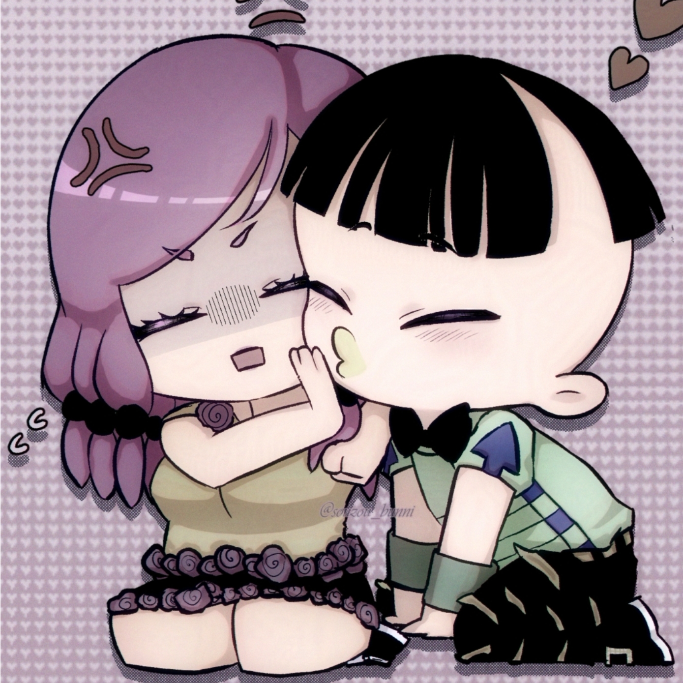 higashikata joshu, hirose yasuho, jojo no kimyou na bouken, jojolion, commentary request, highres, 1boy, 1girl, anger vein, arrow print, black bow, black bowtie, black hair, black pants, black skirt, blunt bangs, bow, bowtie, cheek-to-cheek, chibi, chibi only, closed eyes, flower ornament, flying sweatdrops, green lips, hair bobbles, hair ornament, heads together, heart, heart background, kiss, kissing cheek, o3o, open mouth, pants, puckered lips, purple hair, shaded face, shirt, short sleeves, sitting, skirt, souzou bunni, undercut, wristband, yellow shirt