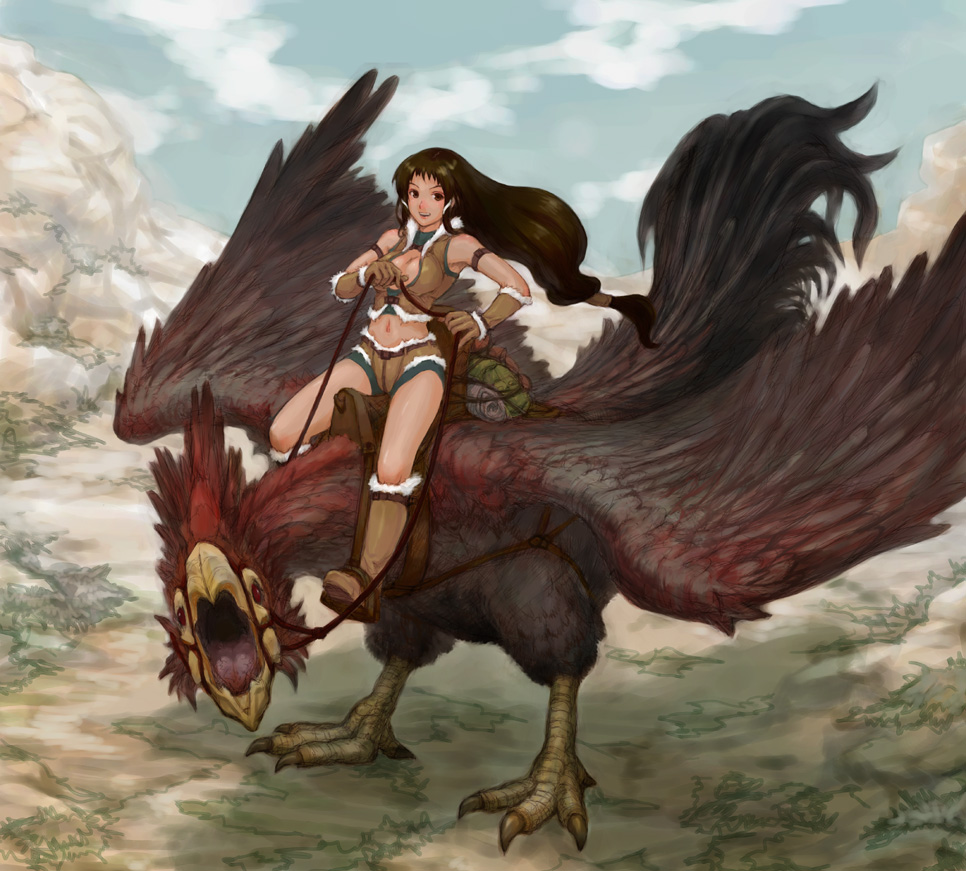 sasagawa (haikaiki), tagme, bird, gloves, long hair, monster, riding, solo