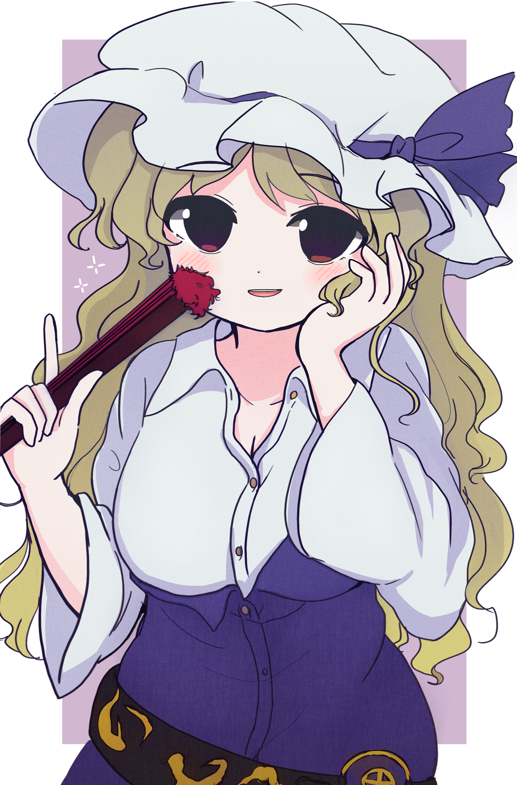 azuma meri, watatsuki no toyohime, touhou, absurdres, commentary request, highres, 1girl, :d, belt, blonde hair, blush, border, bow, breasts, cleavage, collarbone, dress, folding fan, hand fan, hand on own cheek, hand on own face, hat, hat bow, hat ribbon, holding, holding fan, long hair, long sleeves, looking at viewer, mob cap, open mouth, purple background, purple bow, purple dress, purple ribbon, red eyes, ribbon, shirt, smile, solo, upper body, white border, white hat, white shirt