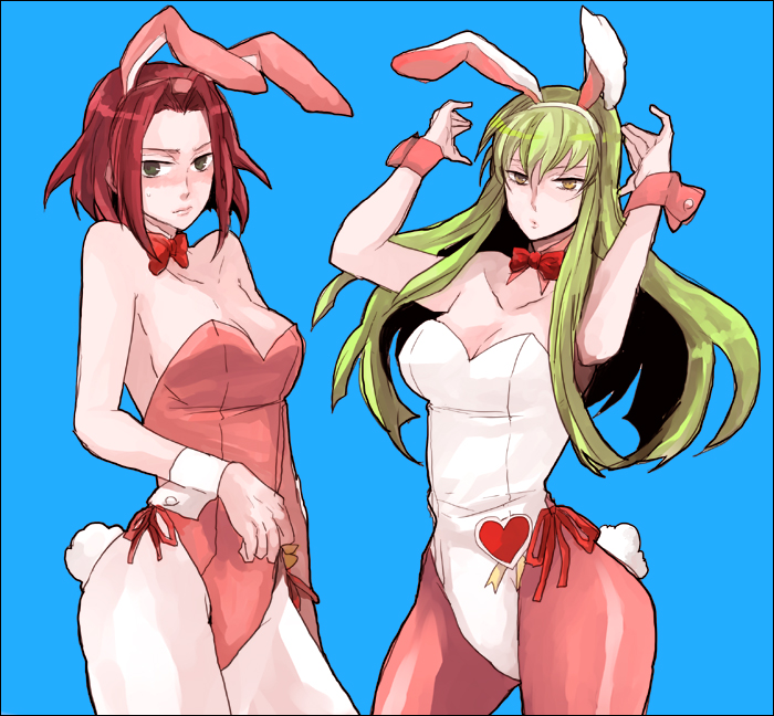 sudachips, c.c., kouzuki kallen, code geass, bad id, bad pixiv id, 00s, 2girls, animal ears, blush, breasts, cleavage, fake animal ears, green hair, large breasts, leotard, long hair, multiple girls, pantyhose, playboy bunny, rabbit ears, rabbit tail, red hair, tail, yellow eyes