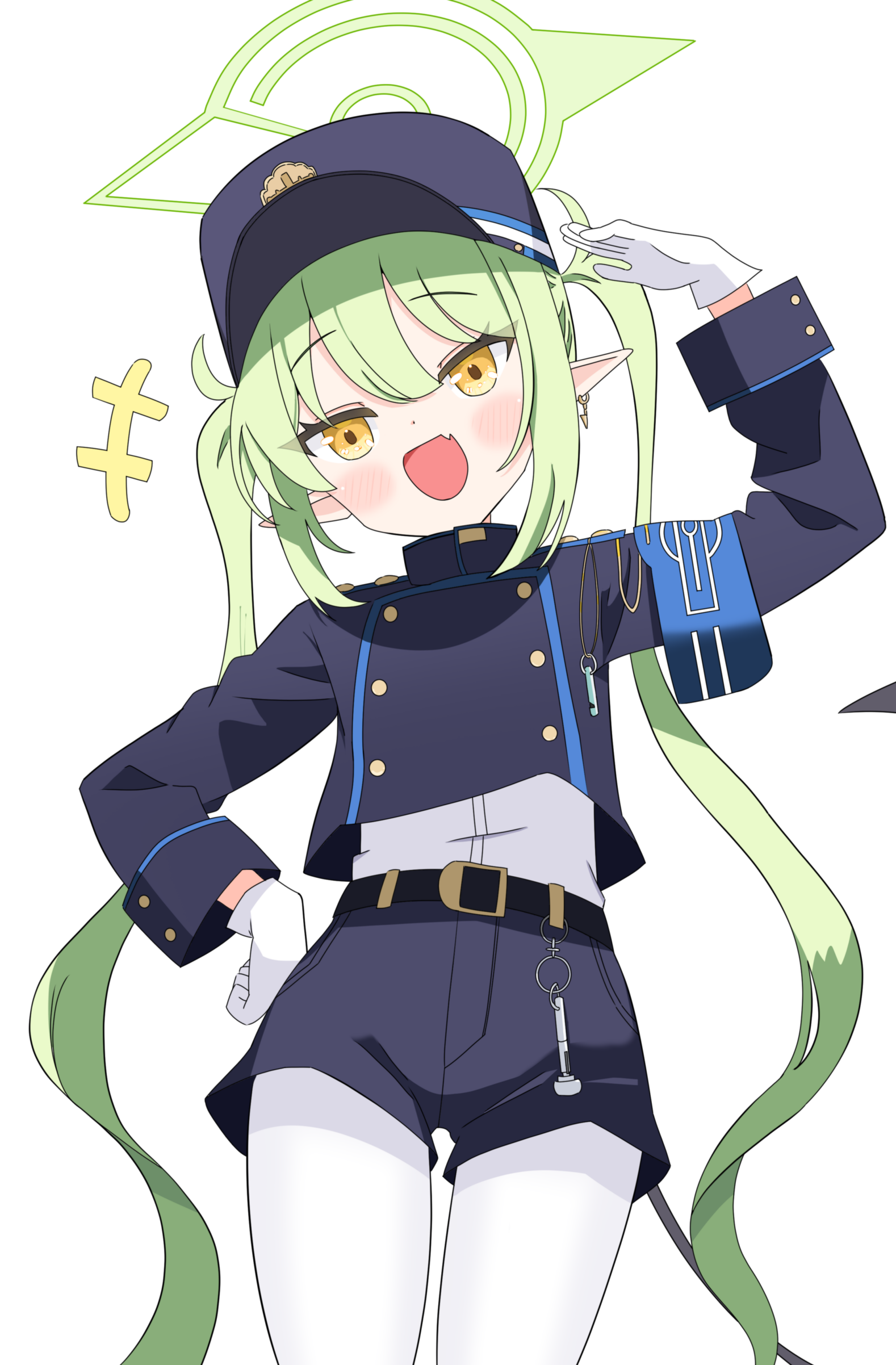 masushi masashi, nozomi (blue archive), blue archive, absurdres, commentary request, highres, 1girl, arm up, blue hat, blue shirt, blue shorts, blush, cowboy shot, earrings, fang, garrison cap, gloves, green hair, green halo, grey hair, halo, hand on own hip, hat, jewelry, long hair, long sleeves, open mouth, pantyhose, pointy ears, shirt, shorts, simple background, skin fang, smile, solo, twintails, very long hair, white background, white gloves, white pantyhose, yellow eyes