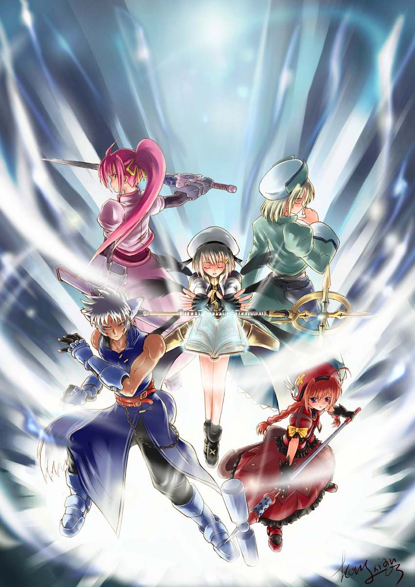 ni piao xiancai, graf eisen, klarwind, laevatein (nanoha), schwertkreuz, shamal, signum, tome of the night sky, vita (nanoha), yagami hayate, zafira, lyrical nanoha, mahou shoujo lyrical nanoha, mahou shoujo lyrical nanoha a's, bad id, bad pixiv id, highres, 00s, 1boy, 4girls, animal ears, blonde hair, blue eyes, book, braid, closed eyes, hammer, hat, magic, multiple girls, pink hair, ponytail, purple eyes, red hair, staff, sword, tail, twin braids, twintails, weapon, whip sword, wolf ears, wolf tail