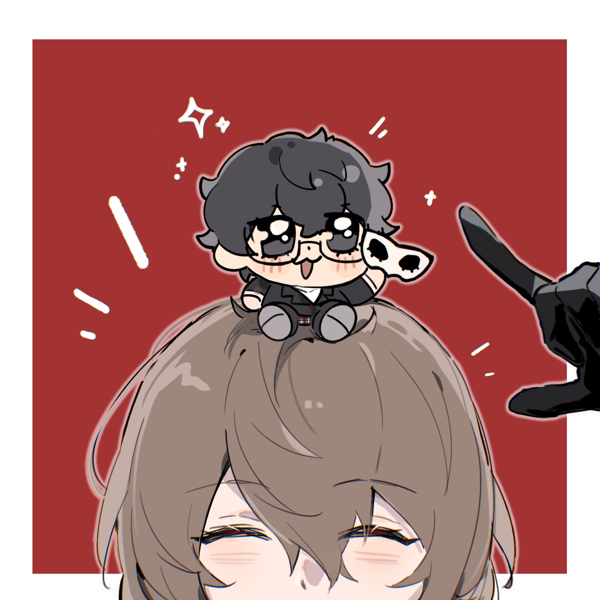 akechi gorou, amamiya ren, persona, persona 5, highres, 2boys, black eyes, black gloves, black hair, black jacket, blush, border, brown hair, chibi, closed eyes, glasses, gloves, hair between eyes, holding, jacket, latteeesalty, mask, mini person, miniboy, multiple boys, open mouth, red background, short hair, simple background, smile, sparkle, white border