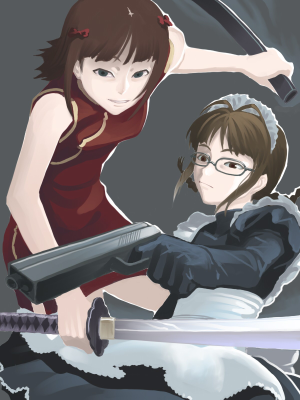 inu (aerodog), akizuki ritsuko, amami haruka, roberta (black lagoon), shenhua, black lagoon, idolmaster, idolmaster (classic), idolmaster 1, 2girls, cosplay, glasses, maid, multiple girls, roberta (black lagoon) (cosplay), shenhua (cosplay)