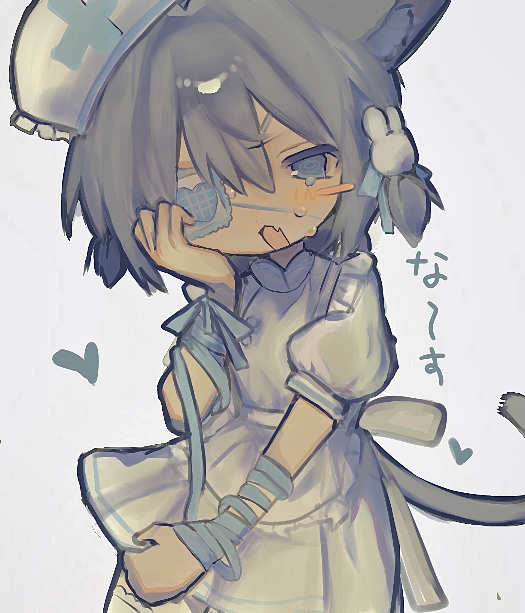 original, hashtag-only commentary, highres, 1girl, animal ear fluff, animal ears, apron, back ribbon, bandaged arm, bandages, blue ribbon, blush stickers, cat ears, dress, eyepatch, fang, frilled dress, frills, grey hair, hair ornament, hand on own cheek, hand on own face, hat, heart, medical eyepatch, miruki nuko, nurse, nurse cap, rabbit hair ornament, ribbon, short twintails, simple background, skin fang, solo, tail, tears, twintails, white background, white dress, white ribbon