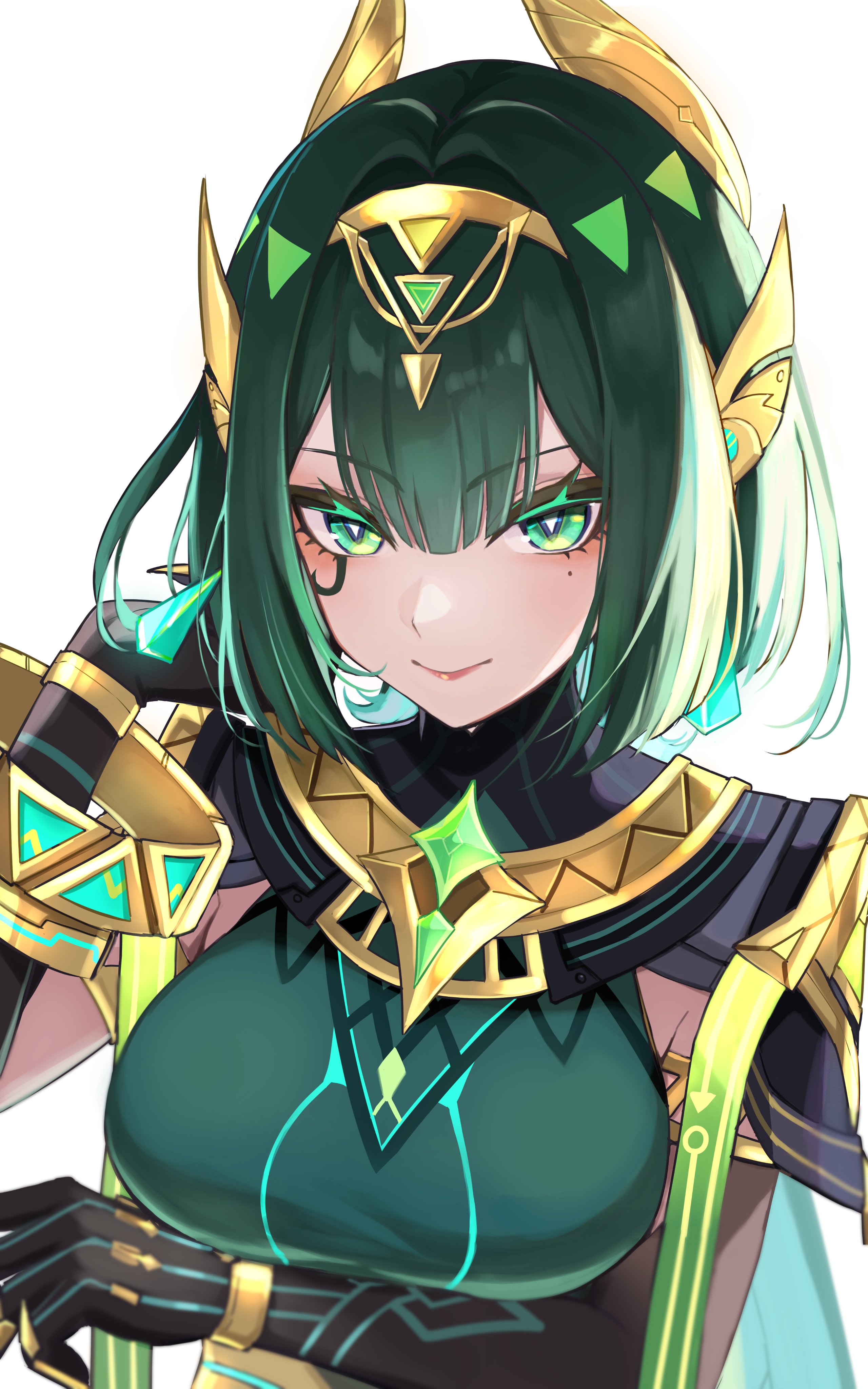 ura (hamburg oniku), nefer (genshin impact), genshin impact, absurdres, highres, 1girl, armlet, black gloves, breasts, facial mark, gloves, gold hairband, green eyes, green hair, hairband, jewelry, large breasts, looking at viewer, mole, mole under eye, short hair, simple background, smile, solo, upper body, white background