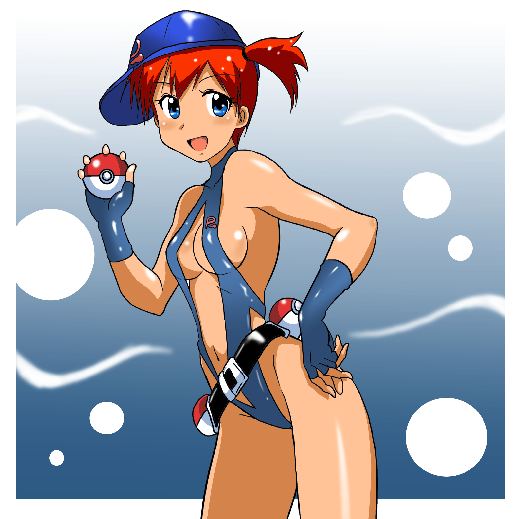 takaya n, misty (pokemon), nintendo, pokemon, pokemon: the electric tale of pikachu, highres, 1girl, belt, blue eyes, breasts, cleavage, female focus, gloves, gym leader, hat, holding, holding poke ball, navel, poke ball, poke ball (basic), ponytail, red hair, side ponytail, slingshot swimsuit, small breasts, smile, solo, swimsuit, waist poke ball