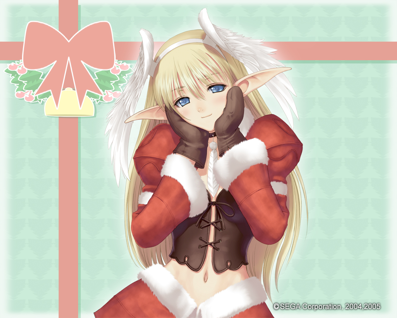 blonde hair, blue eyes, christmas, corset, elf, navel, pointy ears