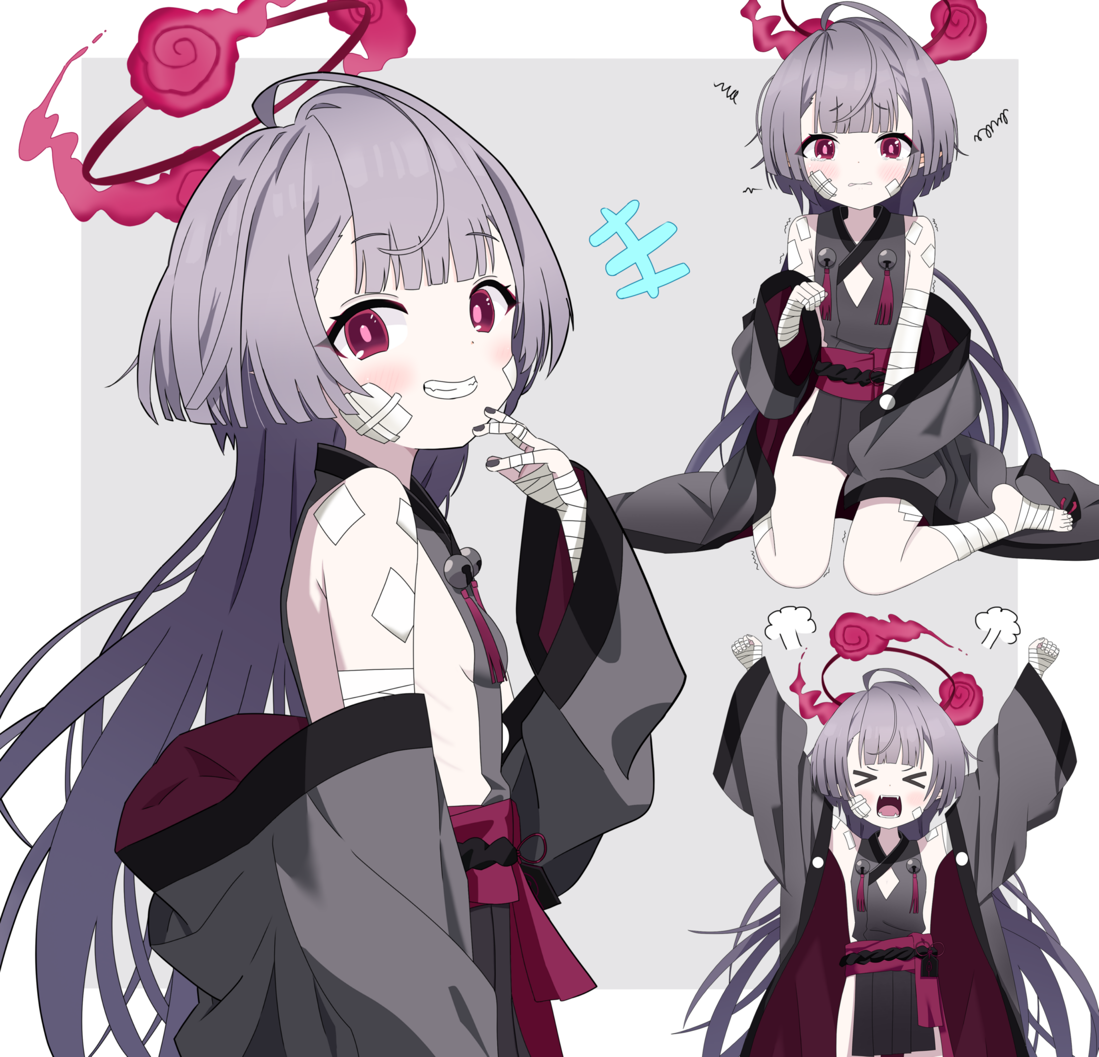 masushi masashi, shuro (blue archive), blue archive, commentary request, highres, > <, 1girl, arms up, bandaged arm, bandages, blush, breasts, from side, grey hair, grey kimono, grin, halo, hand up, japanese clothes, kimono, long hair, looking at viewer, multiple views, off shoulder, open mouth, red eyes, red halo, small breasts, smile, tearing up