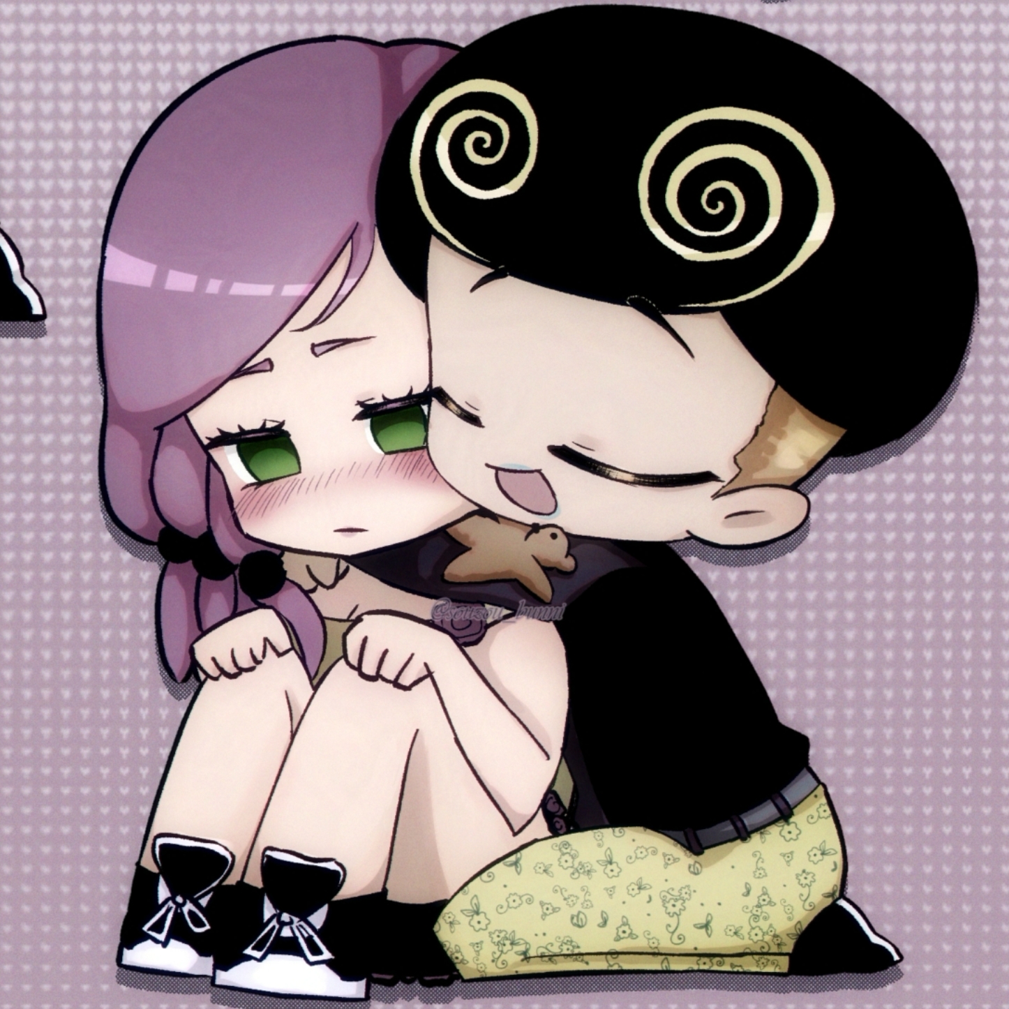 hirose yasuho, tooru (jojolion), jojo no kimyou na bouken, jojolion, highres, 1boy, 1girl, afro, belt, black hair, black shirt, black shoes, blonde hair, blush, brown hair, chibi, chibi only, closed eyes, couple, empty eyes, green eyes, grey belt, hair bobbles, hair ornament, hands on own knees, heart, heart background, hug, hug from behind, kneeling, long hair, multicolored hair, open mouth, pants, purple hair, seiza, shirt, shoes, sitting, smile, sneakers, souzou bunni, two-tone hair, undercut, yellow pants
