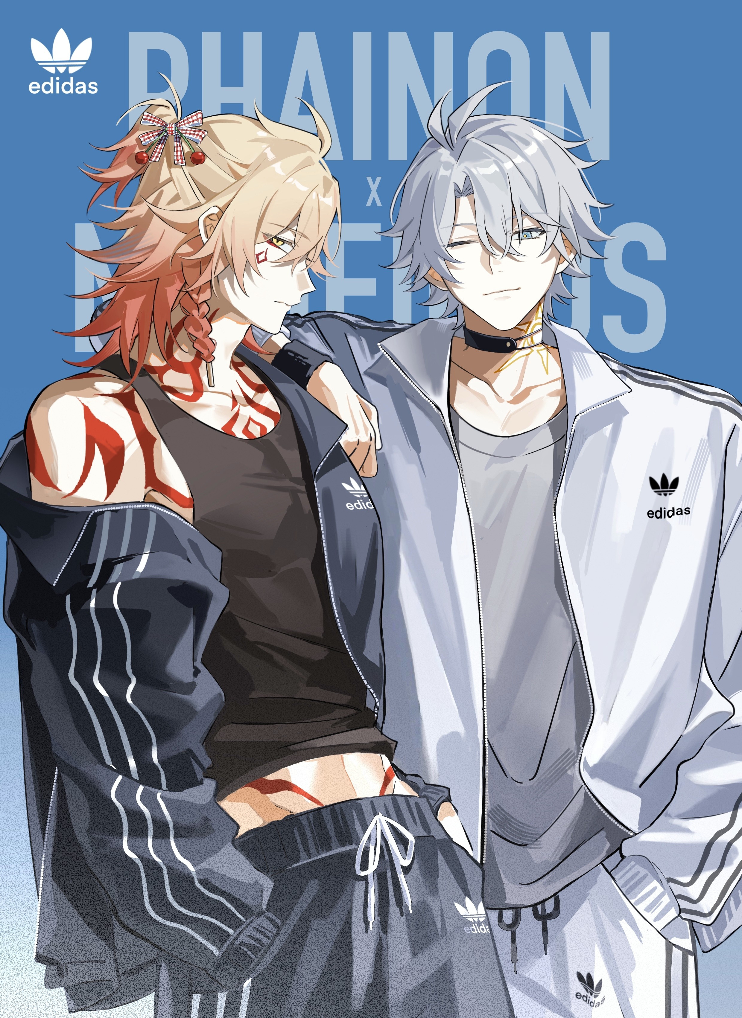 oh qing yang, mydei (honkai: star rail), phainon (honkai: star rail), adidas, honkai: star rail, honkai (series), absurdres, chinese commentary, commentary request, highres, 2boys, antenna hair, arm tattoo, black jacket, black pants, black tank top, blonde hair, blue eyes, braid, chest tattoo, facial tattoo, gradient hair, grey shirt, hair between eyes, hand in pocket, jacket, male focus, medium hair, multicolored hair, multiple boys, off shoulder, one eye closed, open clothes, open jacket, pants, parted bangs, red hair, red tattoo, shirt, short hair, side braid, sportswear, sweatpants, tank top, tattoo, toned, toned male, white hair, white jacket, white pants, yellow eyes