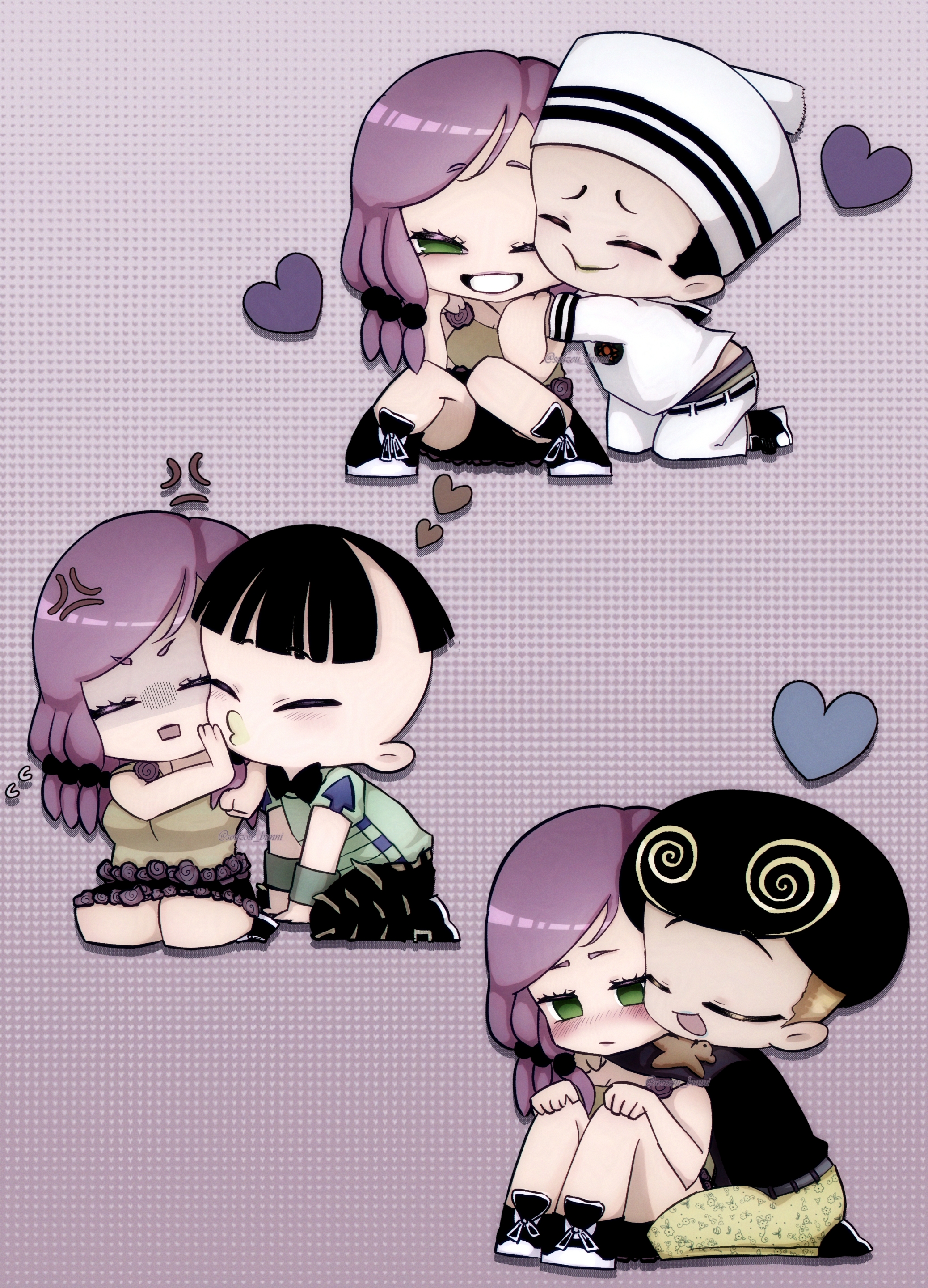 higashikata joshu, higashikata josuke (jojolion), hirose yasuho, tooru (jojolion), jojo no kimyou na bouken, jojolion, absurdres, commentary request, highres, 1girl, 3boys, anger vein, arrow print, belt, black belt, black bow, black bowtie, black hair, black pants, black shoes, black skirt, blonde hair, blunt bangs, blush, bow, bowtie, brown hair, cheek-to-cheek, chibi, chibi only, closed eyes, couple, dixie cup hat, empty eyes, flower ornament, flying sweatdrops, green eyes, green lips, hair bobbles, hair ornament, hands on own knees, hat, heads together, heart, heart background, hug, hug from behind, kiss, kissing cheek, kneeling, long hair, long sleeves, makeup, military hat, multiple boys, o3o, one eye closed, open mouth, pants, puckered lips, purple hair, sailor, sailor collar, sailor hat, seiza, shaded face, shirt, shoes, short sleeves, shorts, sitting, skirt, sleeveless, sleeveless shirt, smile, sneakers, souzou bunni, teeth, undercut, white hat, white pants, white sailor collar, white shirt, wristband, yellow pants, yellow shirt