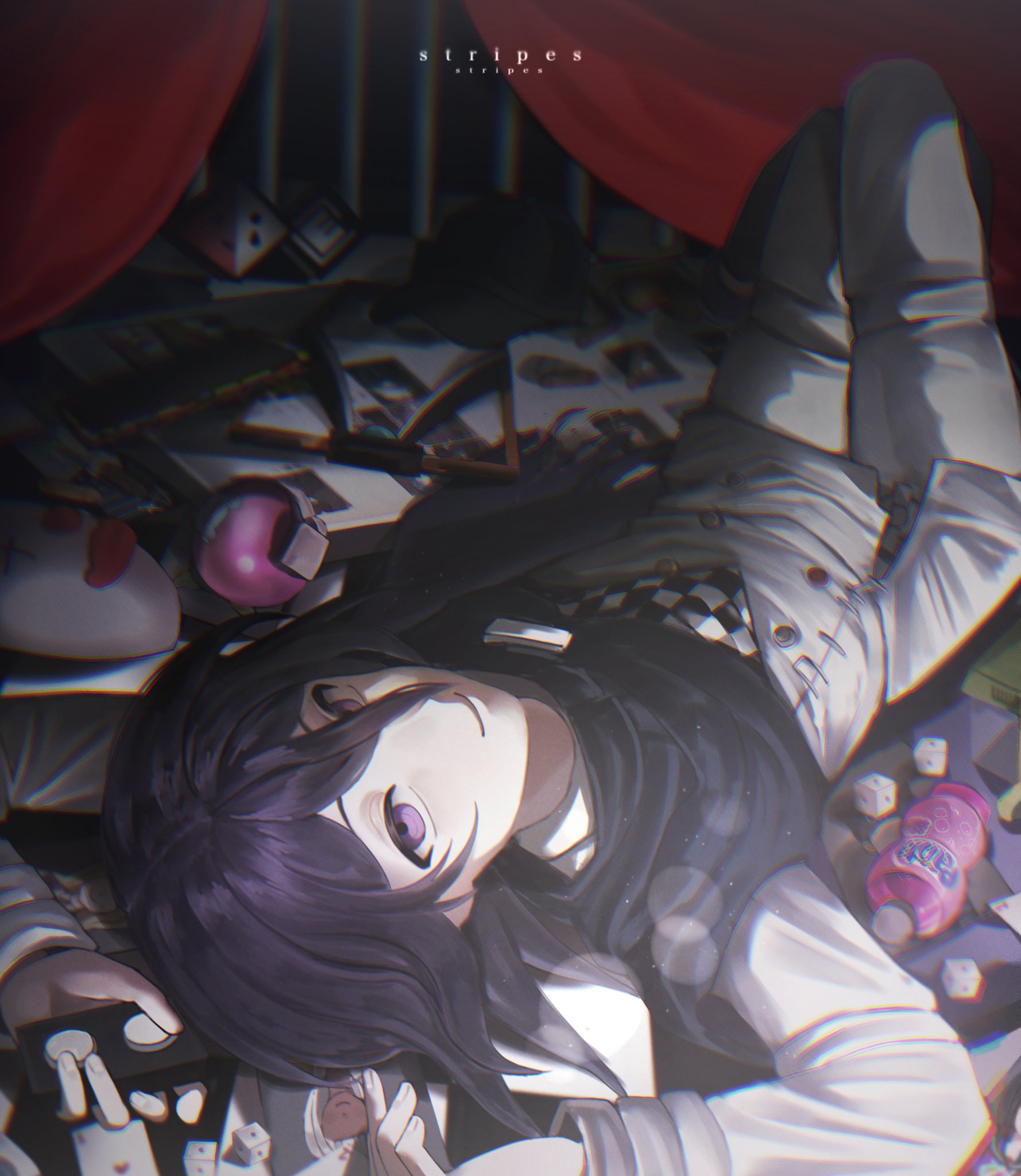 oma kokichi, danganronpa (series), danganronpa v3: killing harmony, highres, 1boy, black cape, black hair, buttons, cape, card, checkered clothes, checkered scarf, closed mouth, curtains, double-breasted, grey jacket, grey pants, hair between eyes, hungrystripes, jacket, long sleeves, looking at viewer, lying, male focus, mask, medium hair, on back, pants, playing card, purple eyes, purple hair, scarf, smile, solo