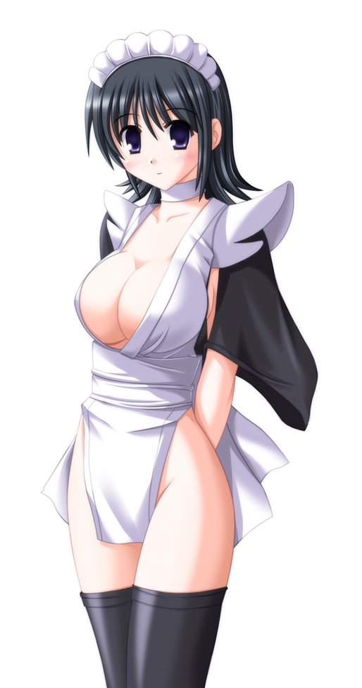 nak yama, iroha (samurai spirits), samurai spirits, 1girl, black hair, blush, breasts, cleavage, female focus, flipped hair, hairband, large breasts, maid, solo