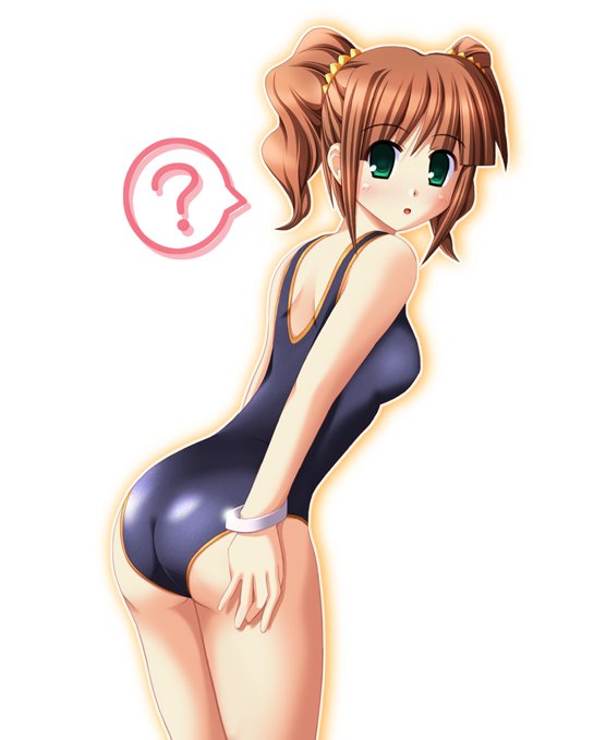 nak yama, takatsuki yayoi, idolmaster, idolmaster (classic), idolmaster 1, 00s, 1girl, ?, brown hair, female focus, green eyes, one-piece swimsuit, solo, swimsuit, twintails