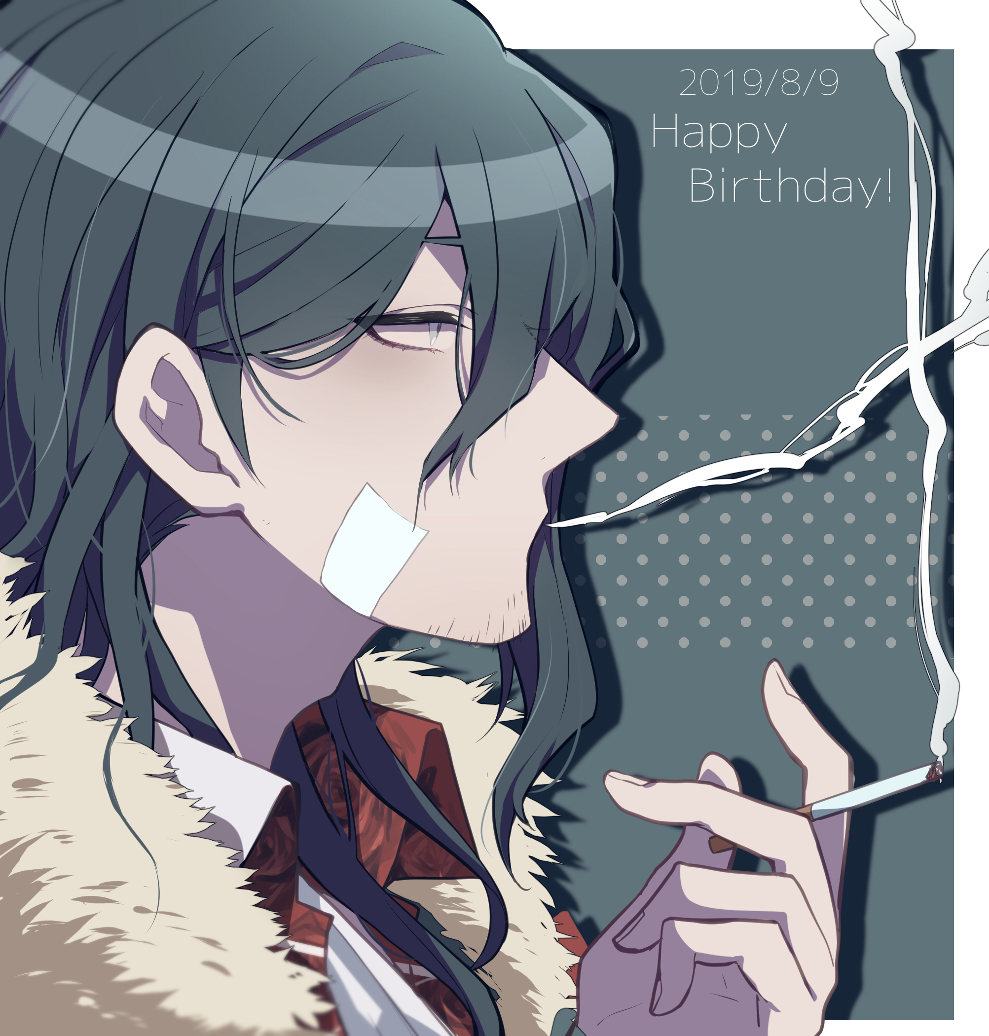 nekoma hikaru, towa haiji, danganronpa (series), danganronpa another episode: ultra despair girls, commentary request, highres, 1boy, 2019, between fingers, border, cigarette, collared shirt, dated, empty eyes, facial hair, fingernails, from side, fur-trimmed jacket, fur trim, grey background, grey hair, hair between eyes, halftone, halftone background, hand up, happy birthday, holding, holding cigarette, jacket, long hair, looking ahead, male focus, no mouth, no pupils, outside border, portrait, profile, red shirt, shirt, smoke, smoking, solo, white border, white eyes