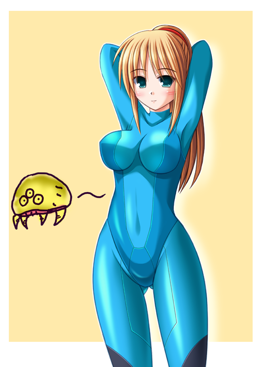 nak yama, metroid (creature), metroid larva, samus aran, metroid, nintendo, 1girl, blonde hair, blue eyes, blush, bodysuit, breasts, female focus, large breasts, latex, long hair, ponytail, shiny clothes, skin tight, solo, zero suit