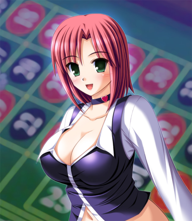 nak yama, rio rollins, super blackjack, 1girl, breasts, cleavage, croupier, female focus, large breasts, red hair, solo