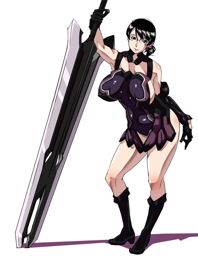wankoro mochi, cattleya (queen's blade), weapon merchant cattleya, queen's blade, md5 mismatch, resolution mismatch, source smaller, 00s, 1girl, black hair, breasts, female focus, glasses, huge breasts, huge weapon, mature female, simple background, solo, sword, weapon, white background
