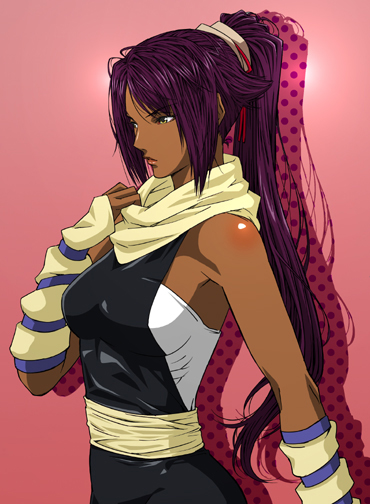 wankoro mochi, shihouin yoruichi, bleach, bad id, bad pixiv id, 00s, 1girl, dark-skinned female, dark skin, female focus, long hair, ponytail, purple hair, solo