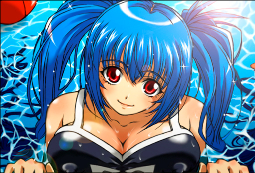 wankoro mochi, original, bad id, bad pixiv id, 1girl, black one-piece swimsuit, blue hair, breast press, breasts, female focus, large breasts, name tag, one-piece swimsuit, red eyes, school swimsuit, smile, solo, swimsuit, twintails, water