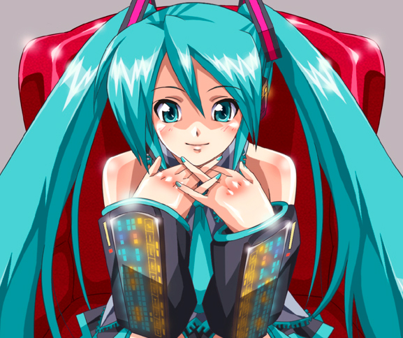 wankoro mochi, hatsune miku, vocaloid, bad id, bad pixiv id, 1girl, aqua hair, aqua nails, female focus, long hair, nail polish, smile, solo, twintails