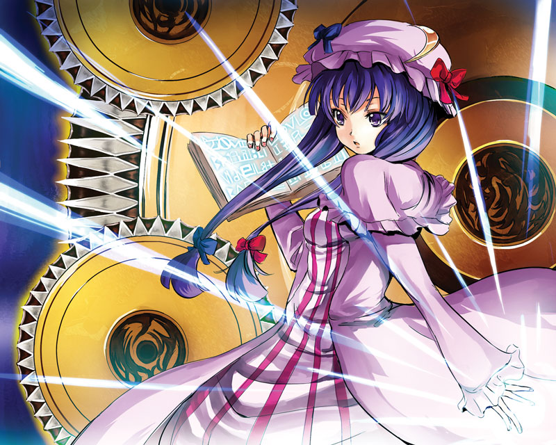 gin'ichi (akacia), ginichi, patchouli knowledge, touhou, light, 1girl, book, bow, fake text, female focus, hair bow, hair ribbon, hat, long hair, nail polish, open book, purple eyes, purple hair, ribbon, robe, solo