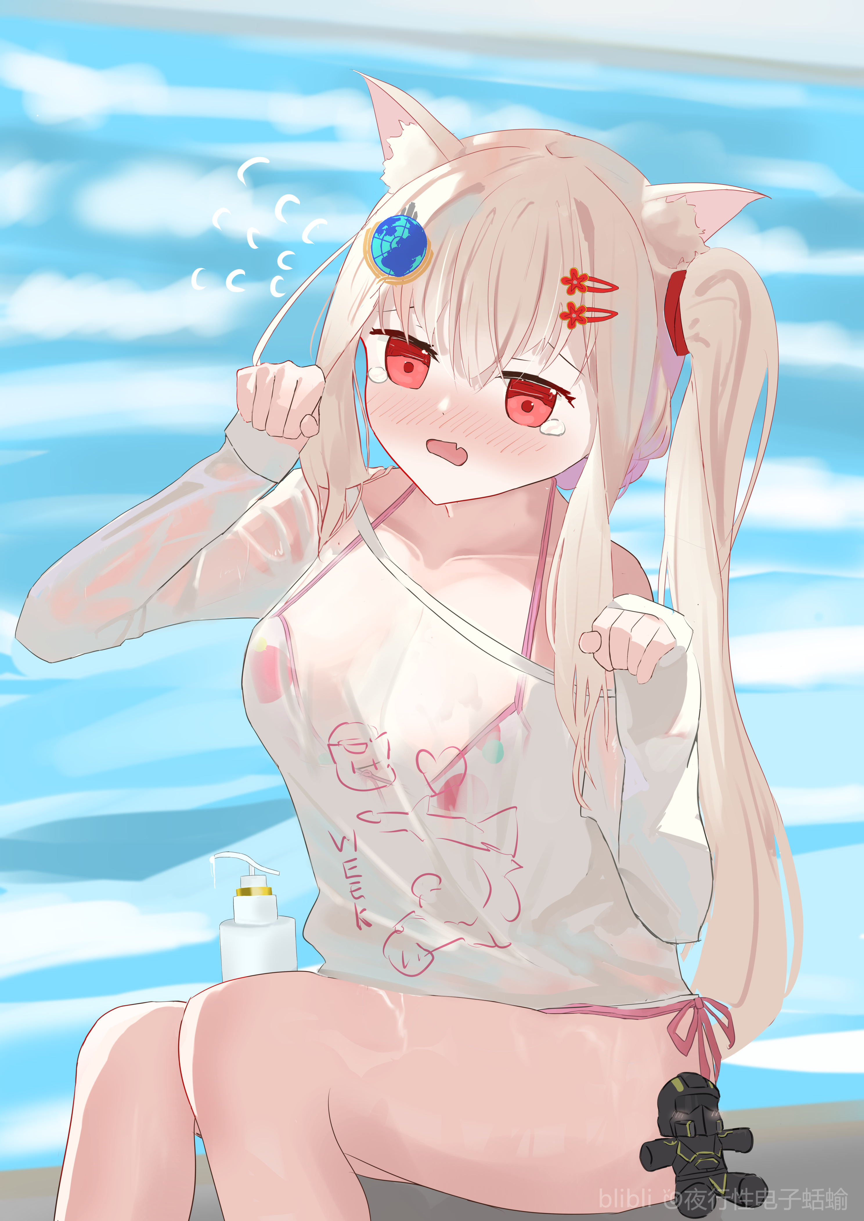 helldiver (helldivers), helldivers (series), original, absurdres, highres, 1girl, animal ears, bikini, blush, breasts, cat ears, cat girl, character doll, doll, elina (nocturnal cyberslug), flying sweatdrops, hair ornament, hairclip, large breasts, long hair, nocturnal cyberslug, open mouth, parallel hairclips, paw pose, pink bikini, pool, red eyes, see-through clothes, see-through shirt, shirt, shy, side ponytail, sitting, swimsuit, teardrop, water, wet, white hair, white shirt