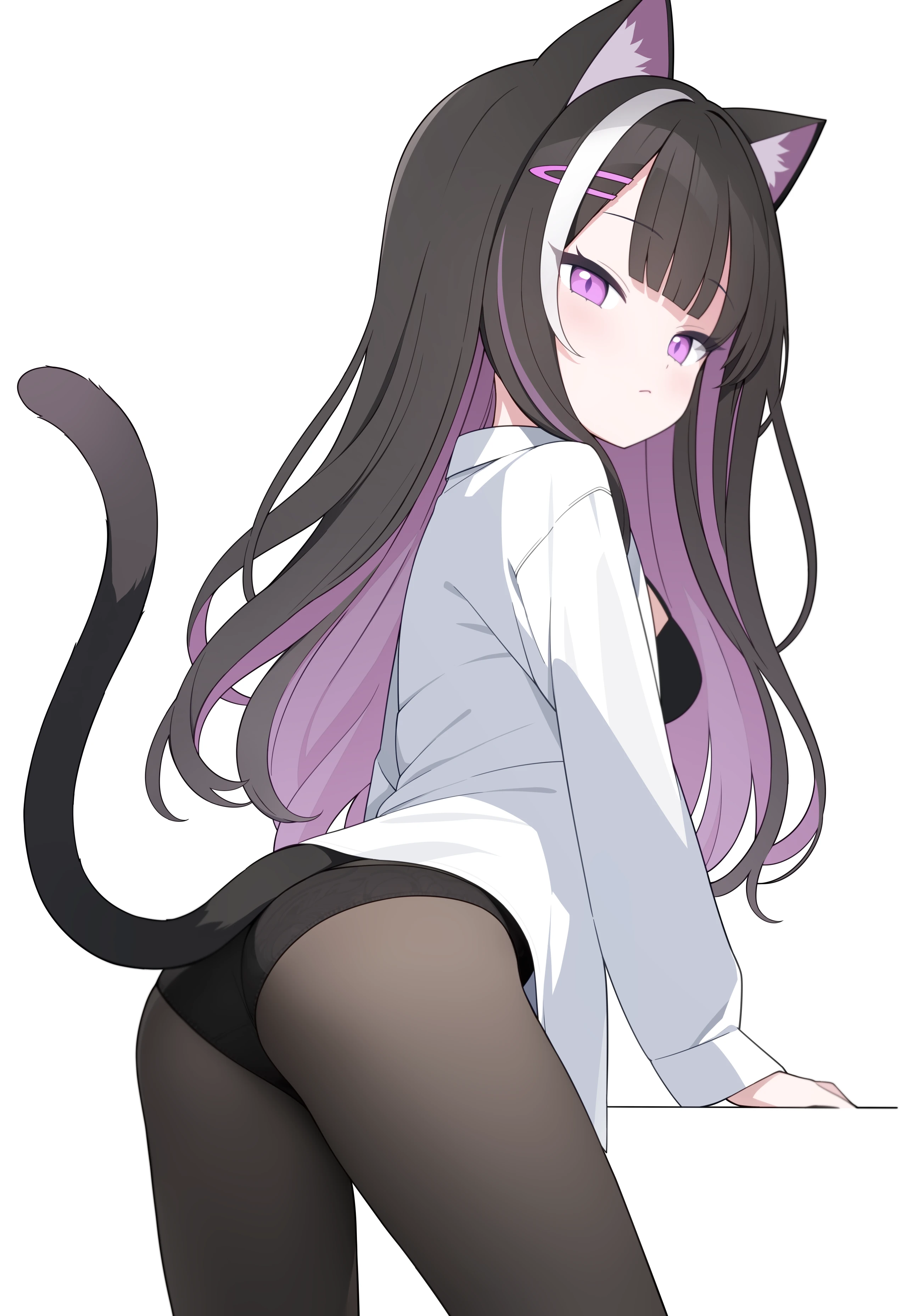 jyt, original, absurdres, chinese commentary, commentary request, highres, 1girl, animal ears, ass, black bra, black hair, black panties, black pantyhose, blush, bra, breasts, cat ears, cat girl, cat tail, closed mouth, collared shirt, colored inner hair, cowboy shot, eyes visible through hair, hair ornament, hairclip, leaning forward, long sleeves, looking at viewer, looking back, multicolored hair, open clothes, open shirt, panties, pantyhose, purple eyes, purple hair, shirt, sidelocks, simple background, solo, streaked hair, tail, tail raised, underwear, white background, white hair, white shirt