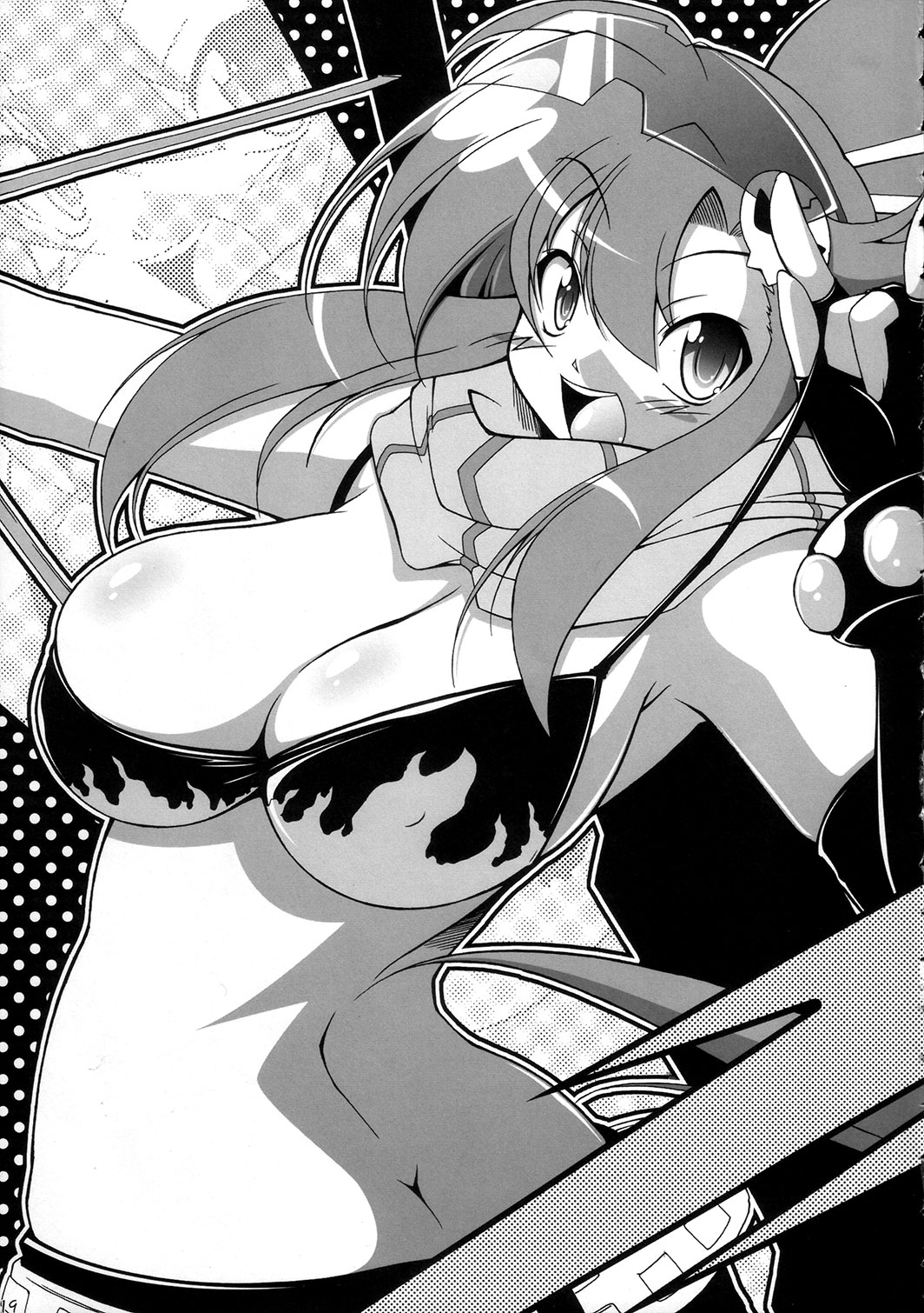 yoko littner, tengen toppa gurren lagann, highres, 00s, 1girl, back, bikini, bikini top only, breasts, butt crack, cleavage, elbow gloves, female focus, gloves, greyscale, large breasts, long hair, monochrome, ponytail, scarf, short shorts, shorts, solo, swimsuit