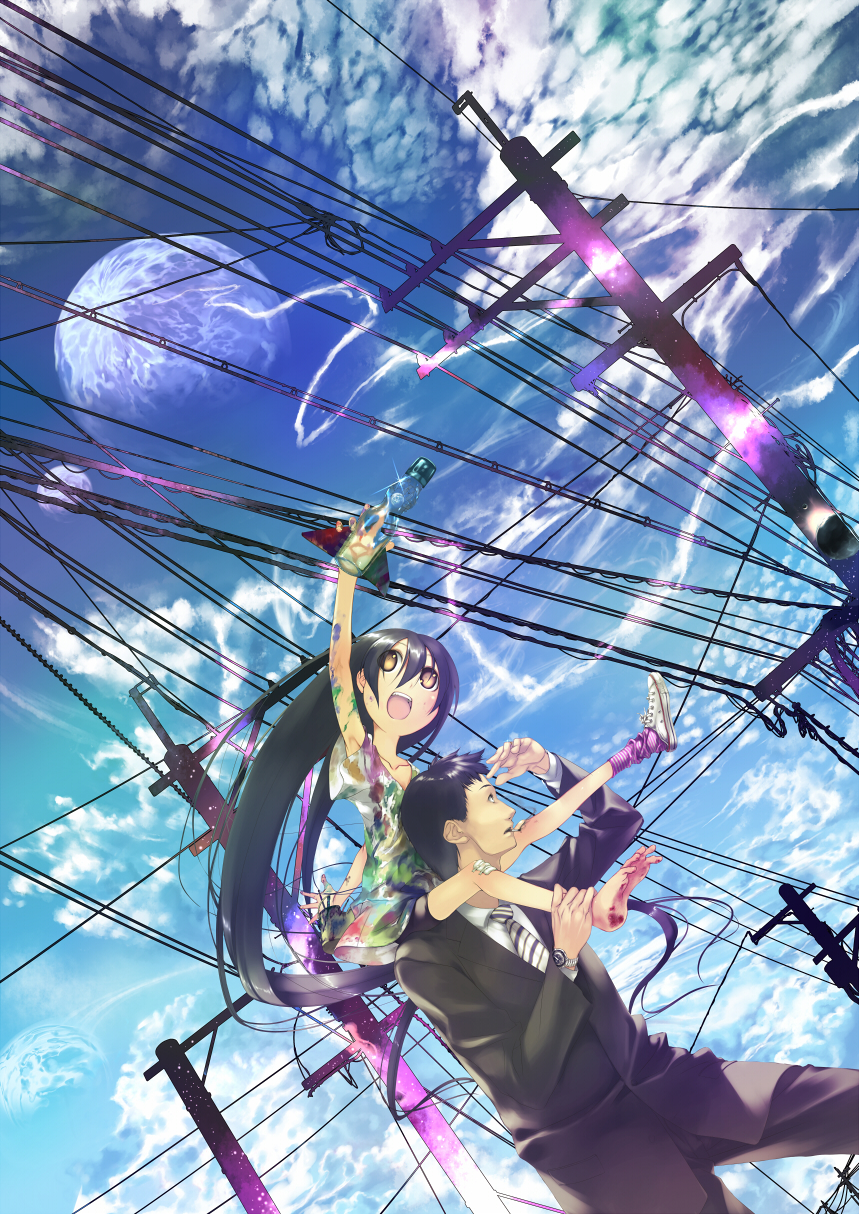 midori no ruupe, original, highres, 1boy, 1girl, bandaid, barefoot, black hair, carrying, cigarette, couple, dutch angle, formal clothes, full moon, happy, hetero, long hair, moon, open mouth, paint, piggyback, planet, power lines, ramune, shoulder carry, sky, smoking, soles, suit, utility pole, yellow eyes