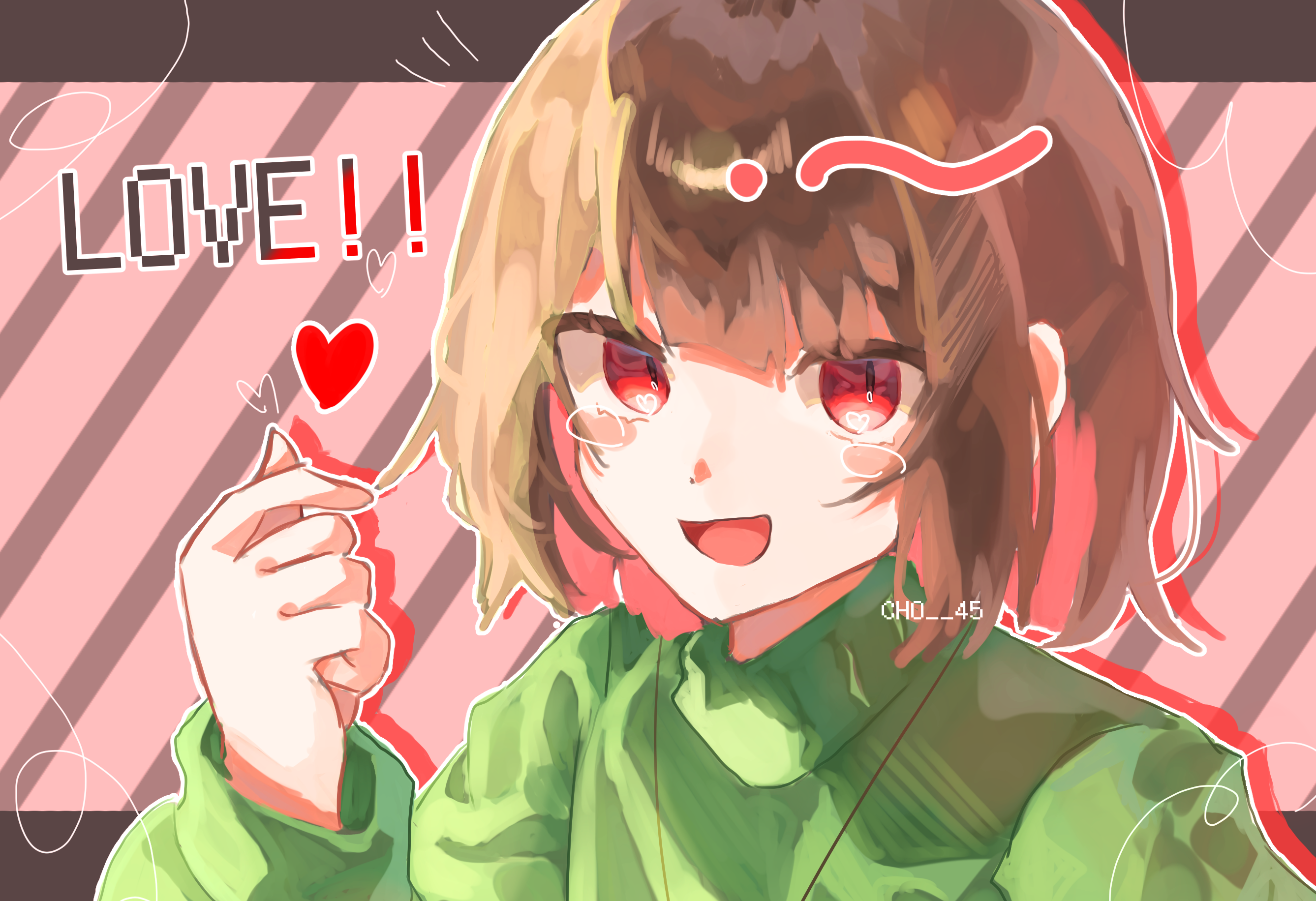 cho 45, chara (undertale), undertale, utdr (toby fox), commentary request, highres, 1other, :d, blunt bangs, blush stickers, bob cut, diagonal-striped background, finger heart, from above, green sweater, hair between eyes, hand up, jewelry, letterboxed, long sleeves, looking at viewer, necklace, open mouth, other focus, outline, outside border, portrait, puffy long sleeves, puffy sleeves, red background, red eyes, short hair, sidelighting, simple background, slit pupils, smile, solo, striped background, sweater, tongue, turtleneck, turtleneck sweater, twitter username, white outline