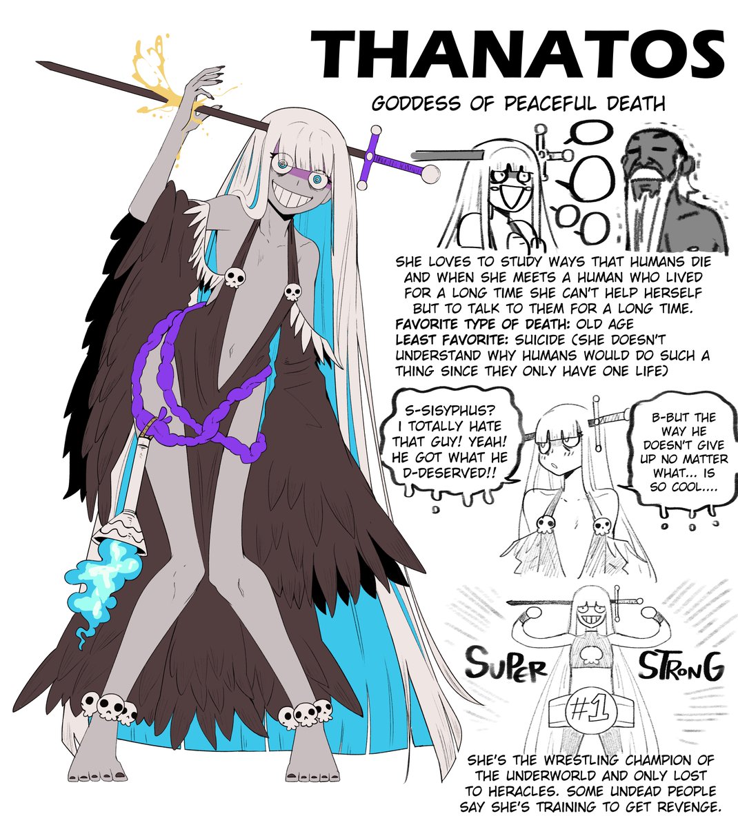 wanderjegson, thanatos (mythology), greek mythology, commentary, english commentary, highres, tagme, 1boy, 1girl, anklet, bare hips, bare shoulders, barefoot, belt, emphasis lines, english text, flexing, gold blood, jewelry, looking at viewer, looking to the side, multiple views, simple background, smile, speech bubble, stab, sword, torch, trembling, weapon, white background