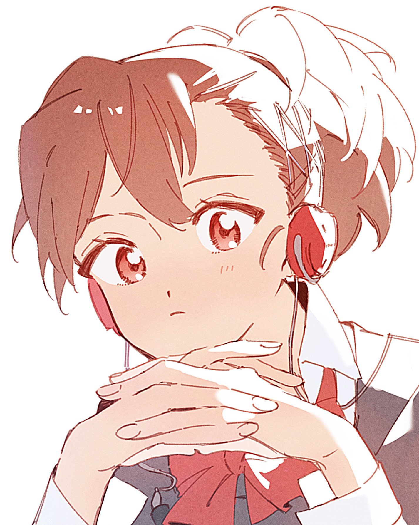 paitan1007, shiomi kotone, persona, persona 3, highres, 1girl, black jacket, brown hair, gekkoukan high school uniform, hair ornament, hairclip, hairpin, headphones, jacket, looking at viewer, neck ribbon, red eyes, red ribbon, ribbon, school uniform, shirt, solo, white background, white shirt