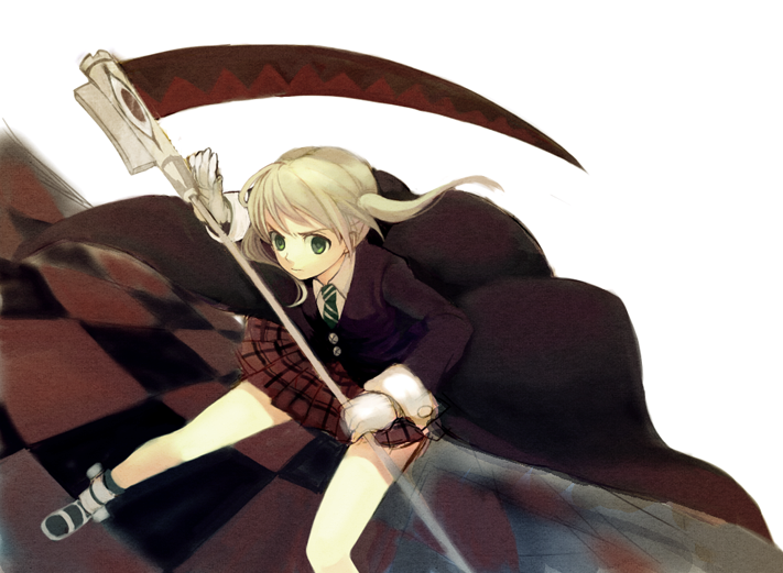 yonko, maka albarn, soul eater, bad id, bad pixiv id, 00s, blonde hair, green eyes, plaid clothes, plaid skirt, scythe, skirt, solo, twintails