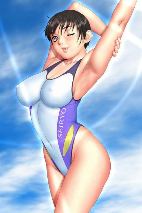 tsukasa jun, katsuragi ayumi, sister mermaid, arm grab, bad tag, highleg swimsuit, game cg, 1girl, ;d, ahoge, armpits, arms up, black hair, blush, breasts, brown eyes, cleavage, cloud, competition swimsuit, covered erect nipples, highleg, impossible clothes, impossible swimsuit, large breasts, light rays, lips, looking at viewer, navel, one-piece swimsuit, one eye closed, open mouth, outdoors, profile, short hair, sky, smile, solo, standing, stretching, sunbeam, sunlight, swimsuit, thick thighs, thighs, wide hips, wink