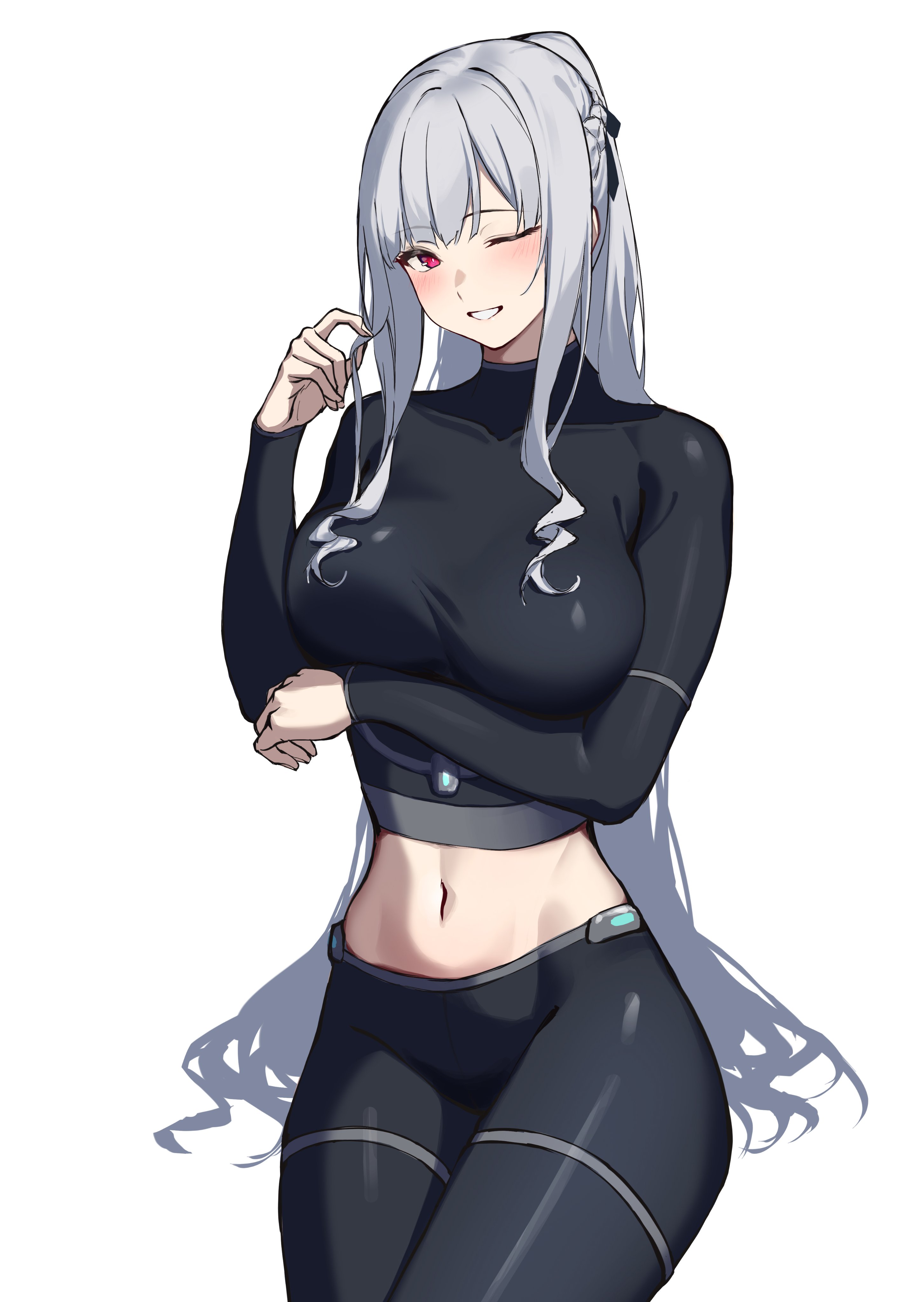 3 small spiders, ak-12 (girls' frontline), girls' frontline, absurdres, commentary request, highres, 1girl, arm under breasts, blush, breasts, grey hair, long hair, midriff, navel, one eye closed, open mouth, red eyes, simple background, sitting, smile, solo, white background, white mouth