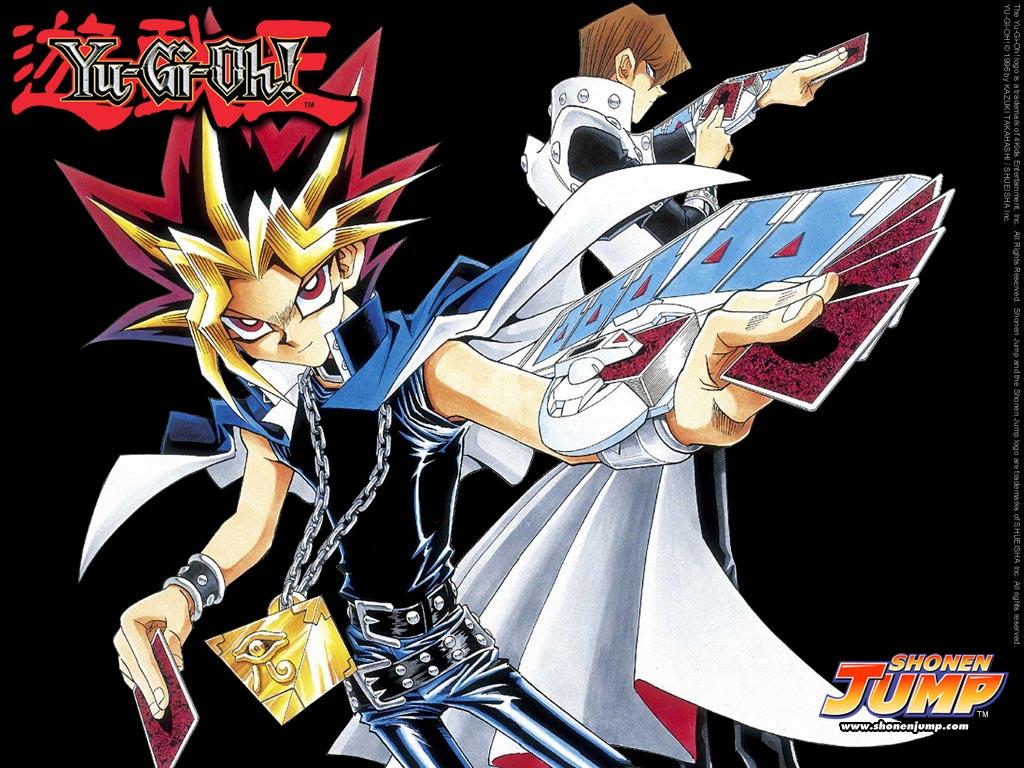 kaiba seto, muto yugi, yu-gi-oh!, yu-gi-oh! duel monsters, 2boys, card, duel disk, holding, holding card, male focus, multiple boys, pile of cards, yu-gi-oh (card)