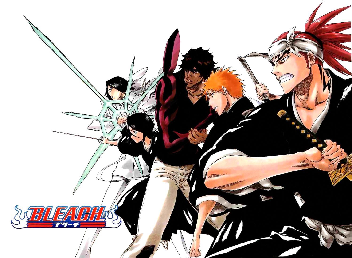 abarai renji, ishida uryuu, kuchiki rukia, kurosaki ichigo, sado yasutora, bleach, 00s, 1girl, 4boys, bandana, black hair, multiple boys, orange hair, red hair, shinigami, sword, tattoo, weapon, white background