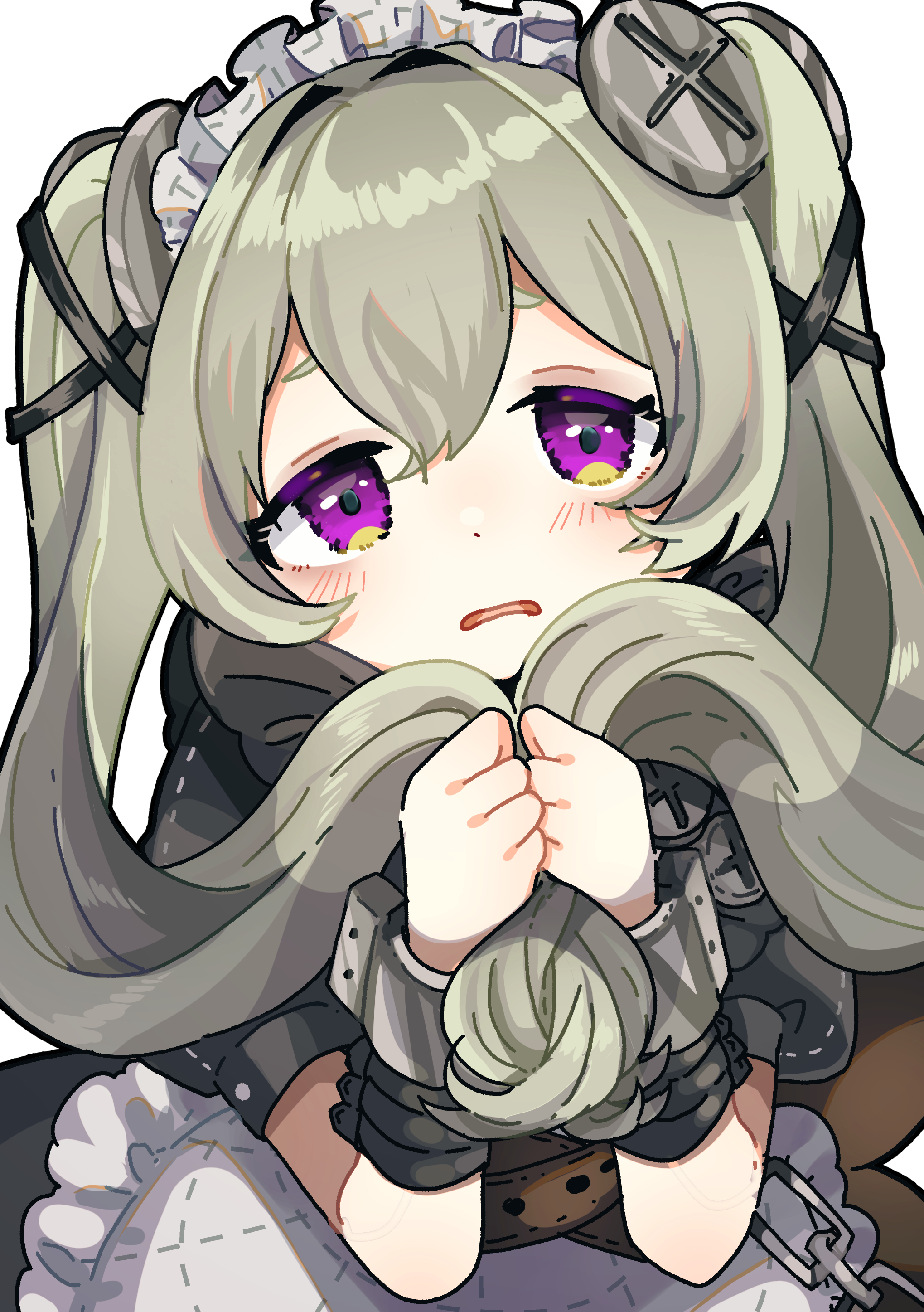 oyasumi makura, corin wickes, zenless zone zero, absurdres, highres, 1girl, animal bag, apron, bear bag, chain, cuffs, green hair, hair between eyes, holding, holding own hair, long hair, looking at viewer, maid, maid apron, maid headdress, puffy short sleeves, puffy sleeves, purple eyes, screw hair ornament, short sleeves, simple background, solo, twintails, white background
